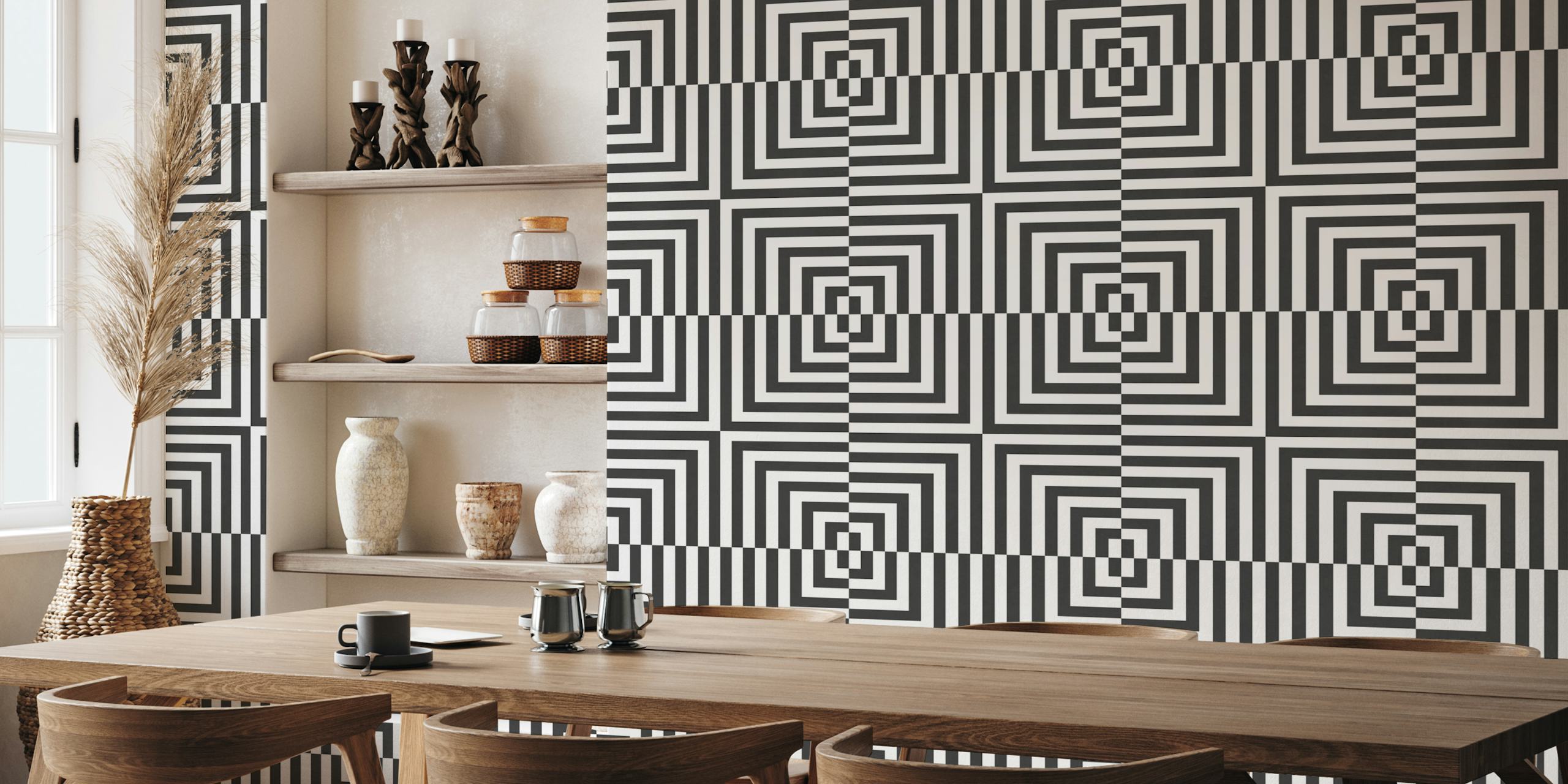 Black and white geometric striped wallpaper featuring concentric squares.