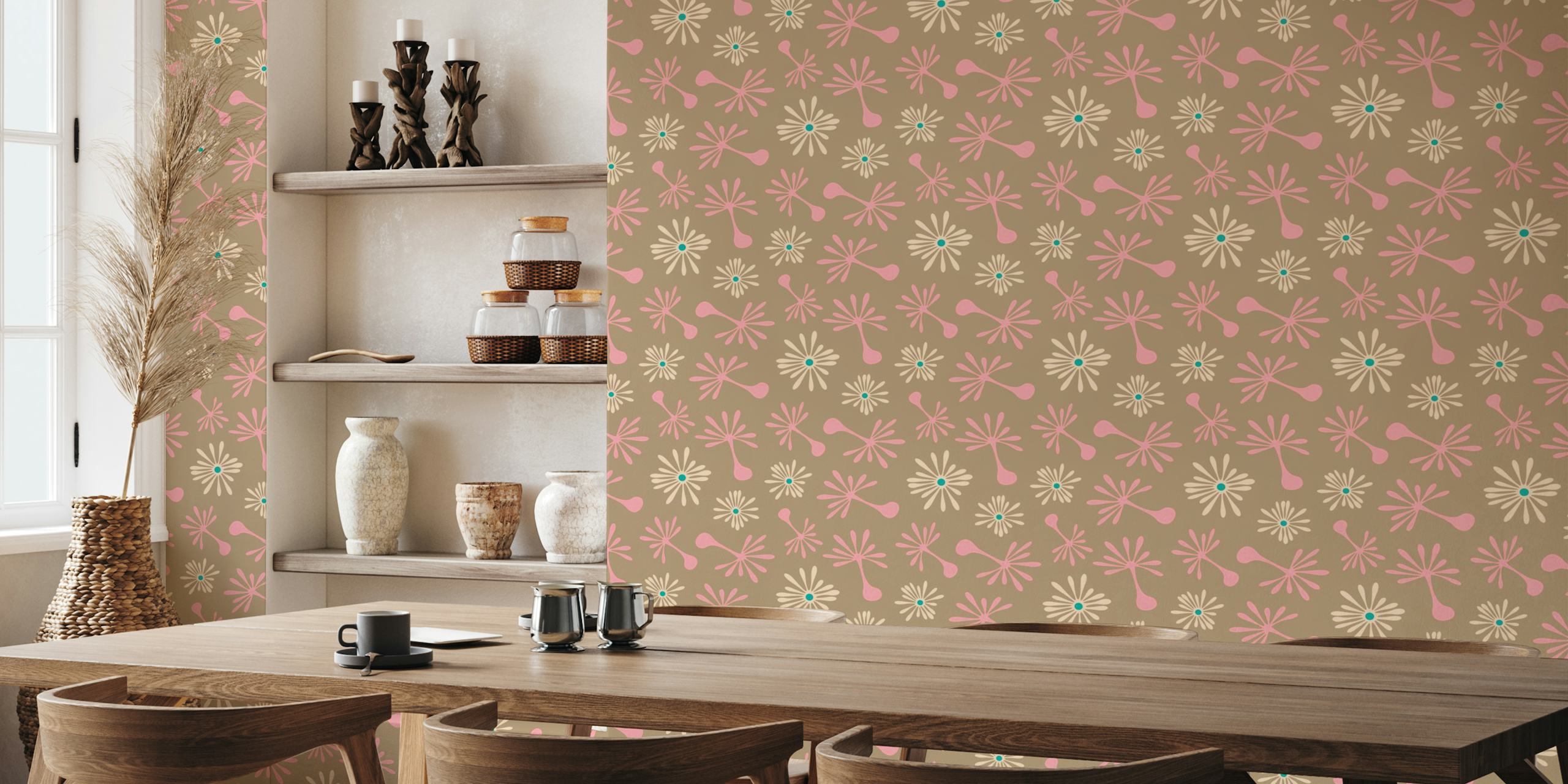 Blowing Dandelions Retro Mod Floral Beige tapetti huoneessa