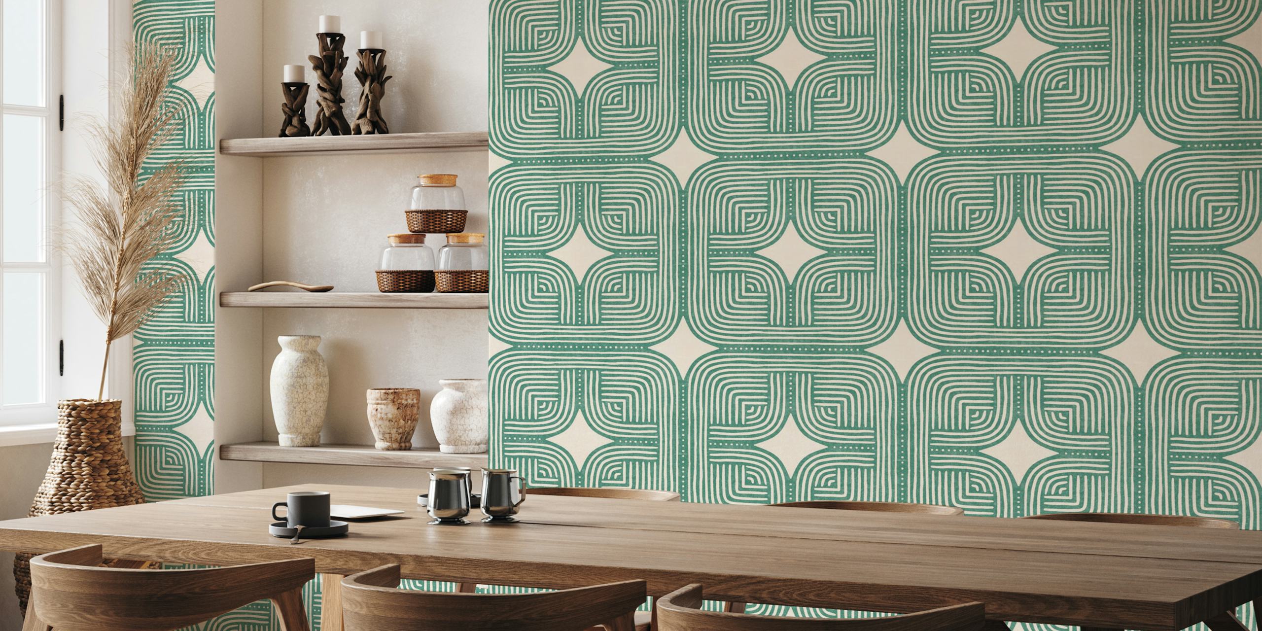 Geometric lines in green and white on beige background wallpaper