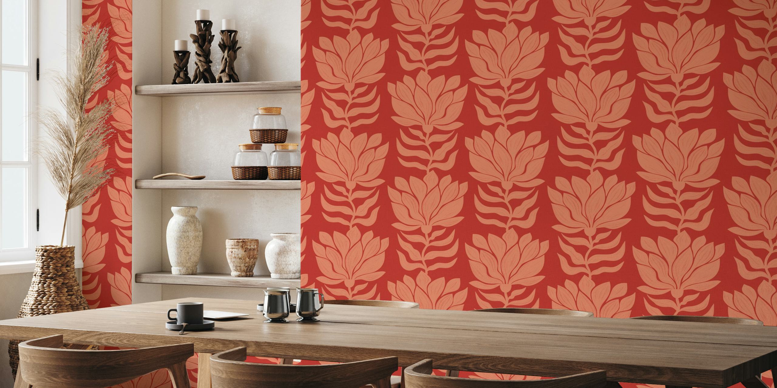 Red floral patterns with wavy leaves in a modern boho style wallpaper