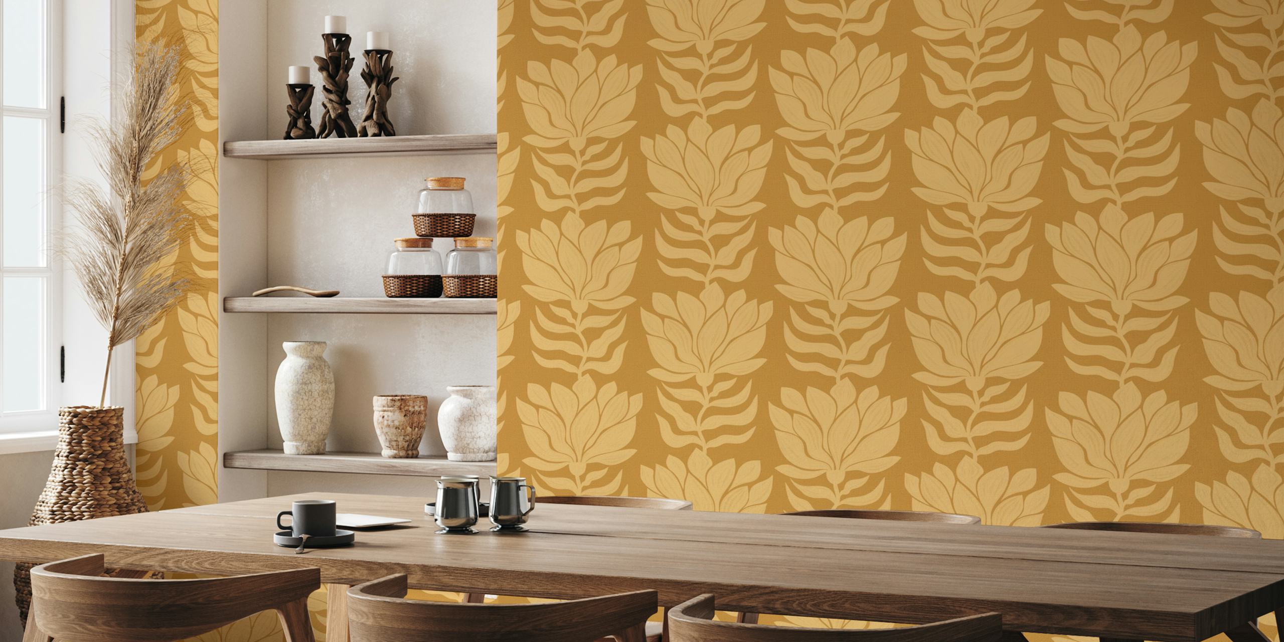 Boho abstract floral pattern in ochre color wallpaper