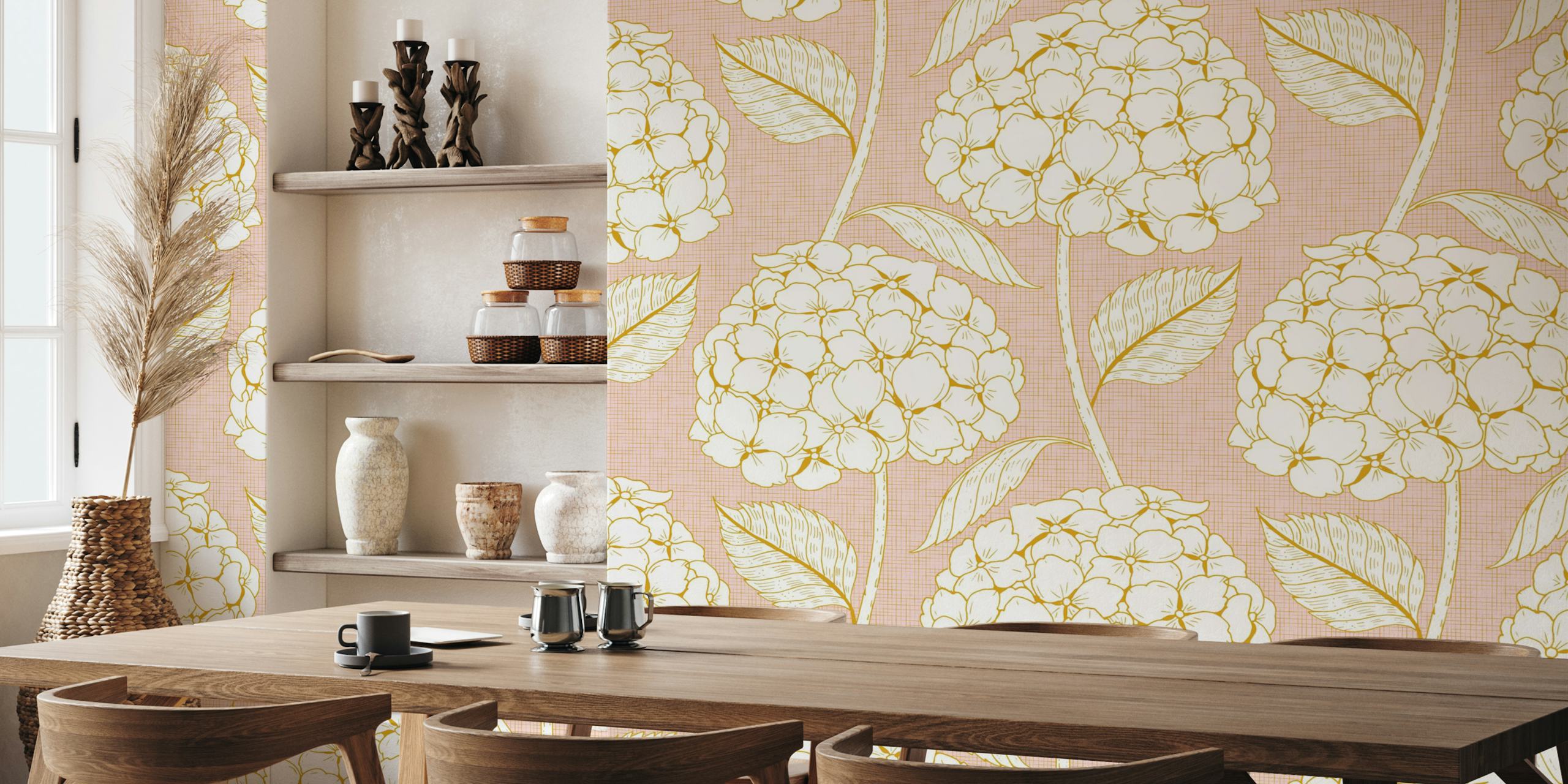 Floral hydrangea pattern in pastel pink and gold wallpaper