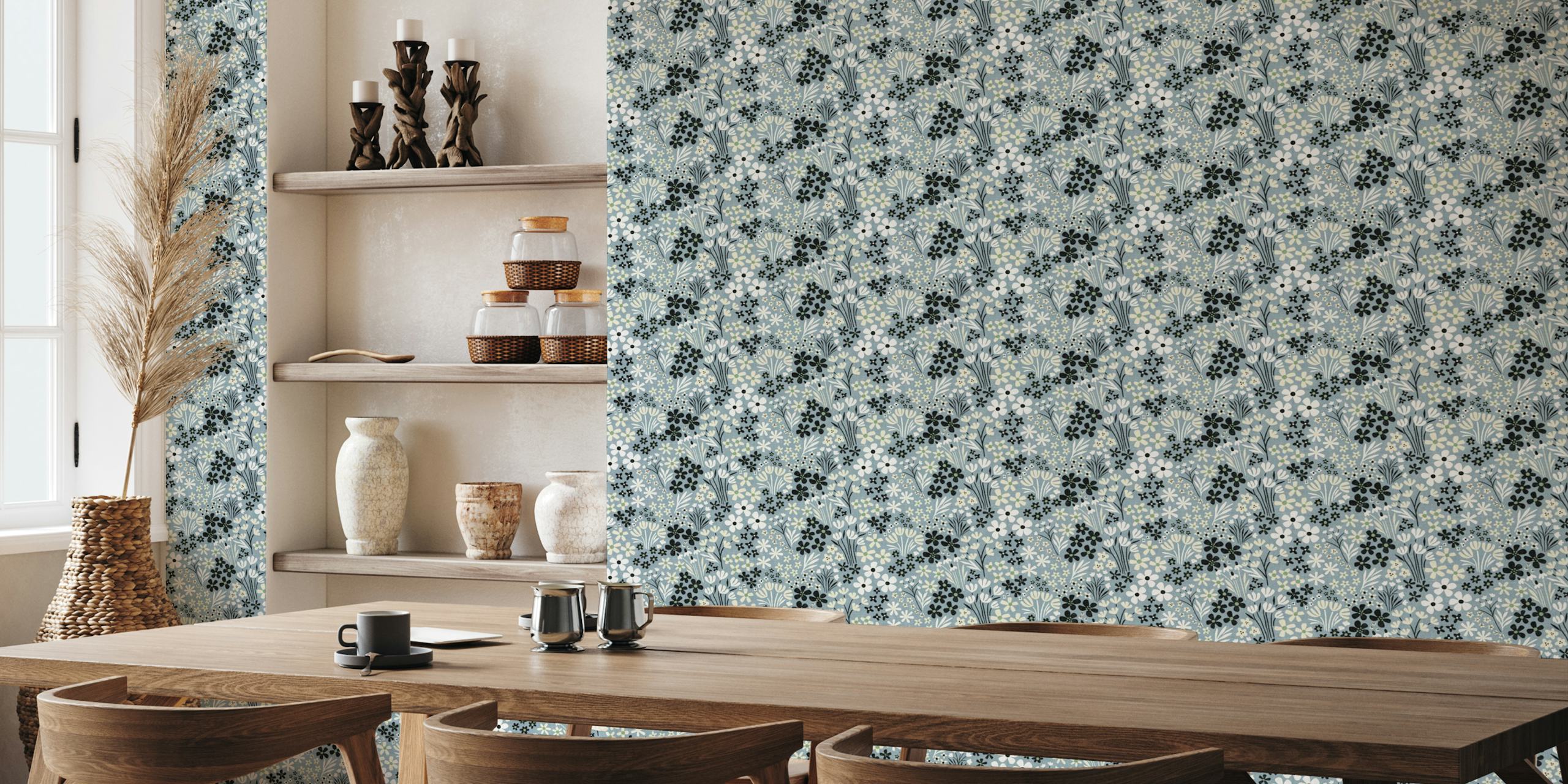 Tobias blue floral wallpaper in a room
