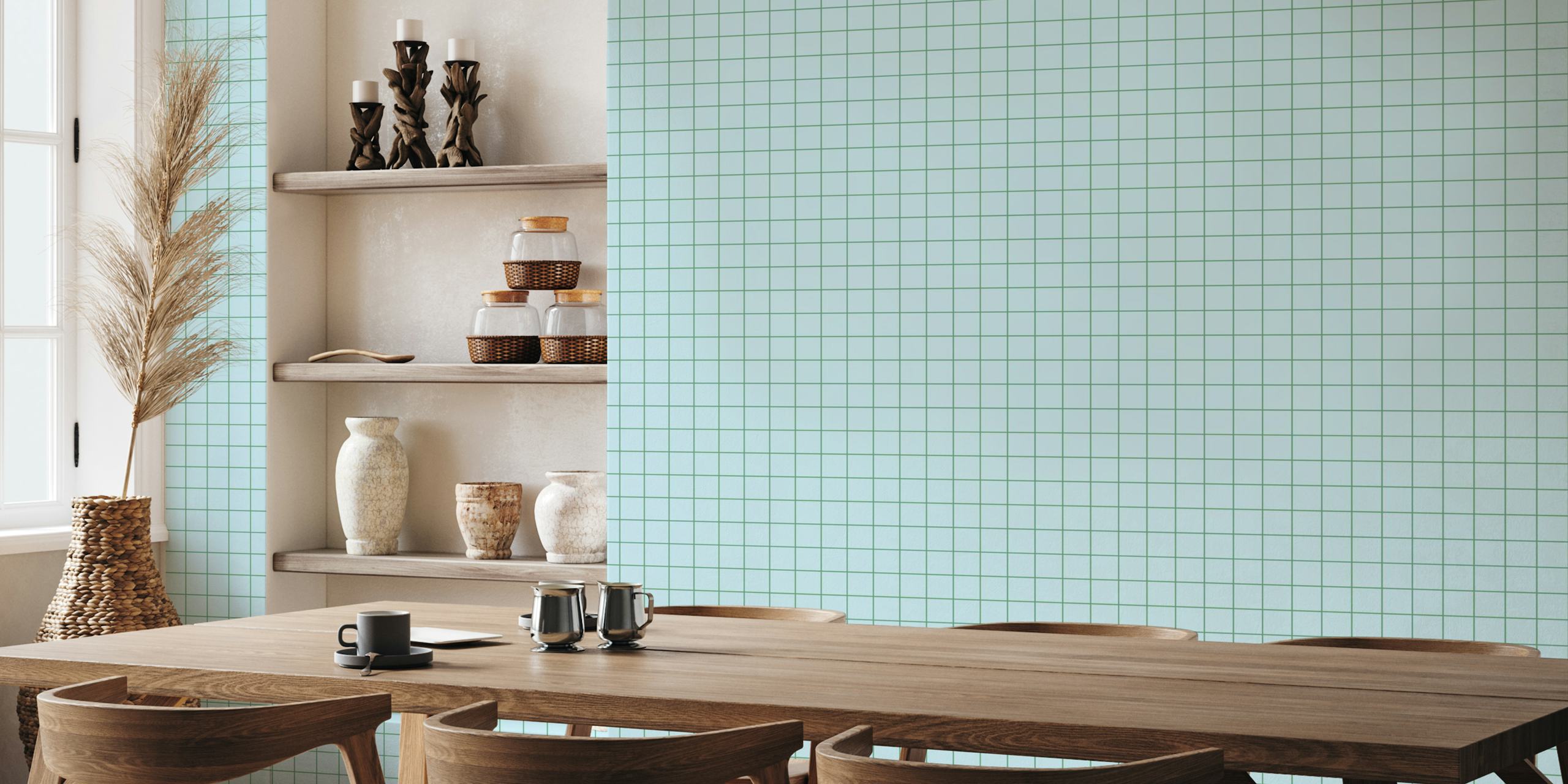 Grid Babyblue Green wallpaper in a room