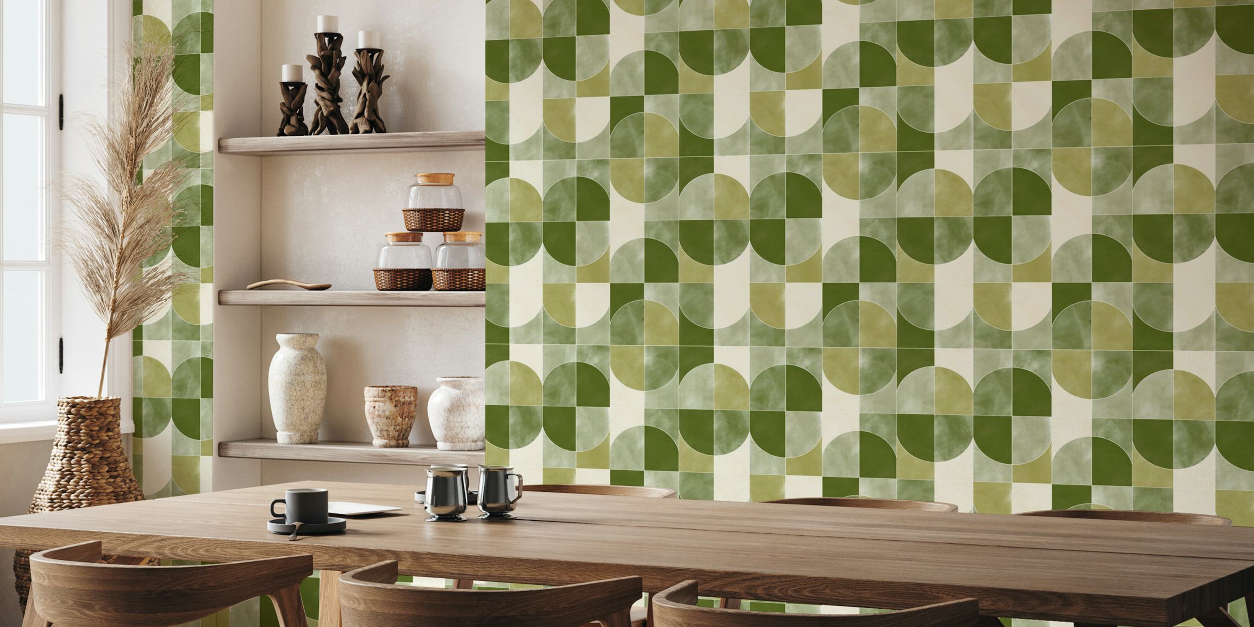 Geometric green and cream tile pattern wallpaper