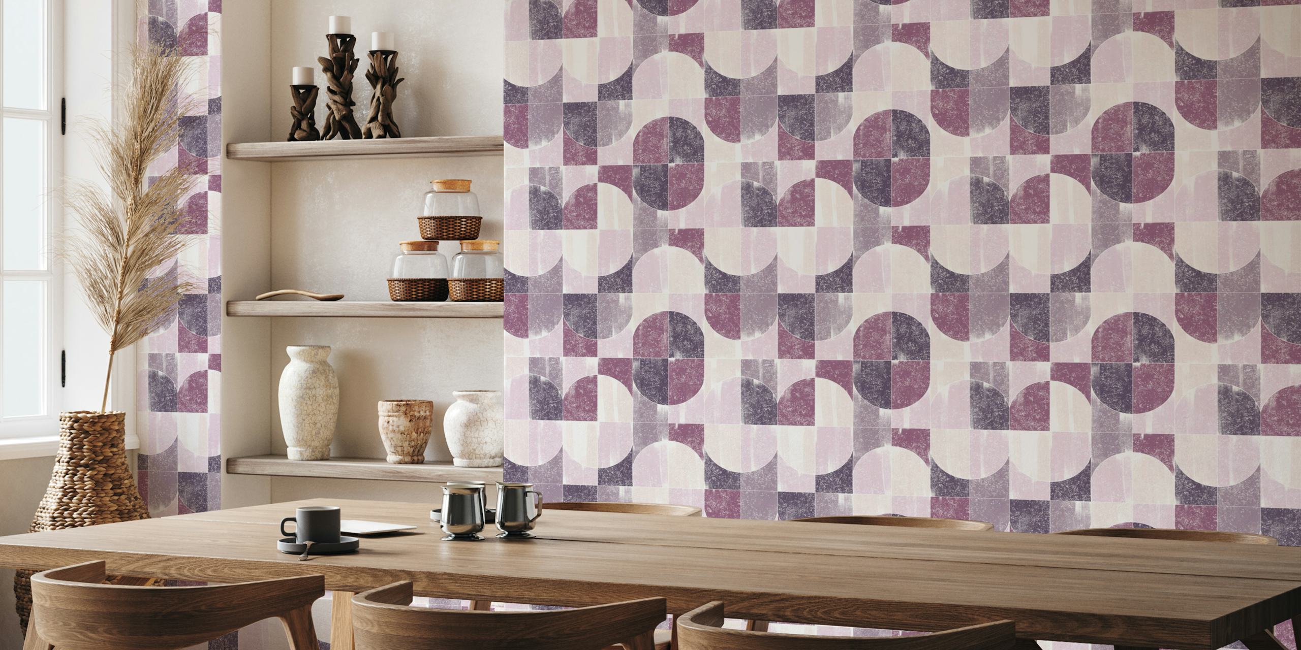 Sponge Painting Geo Tiles Purple Vibes behang in een kamer