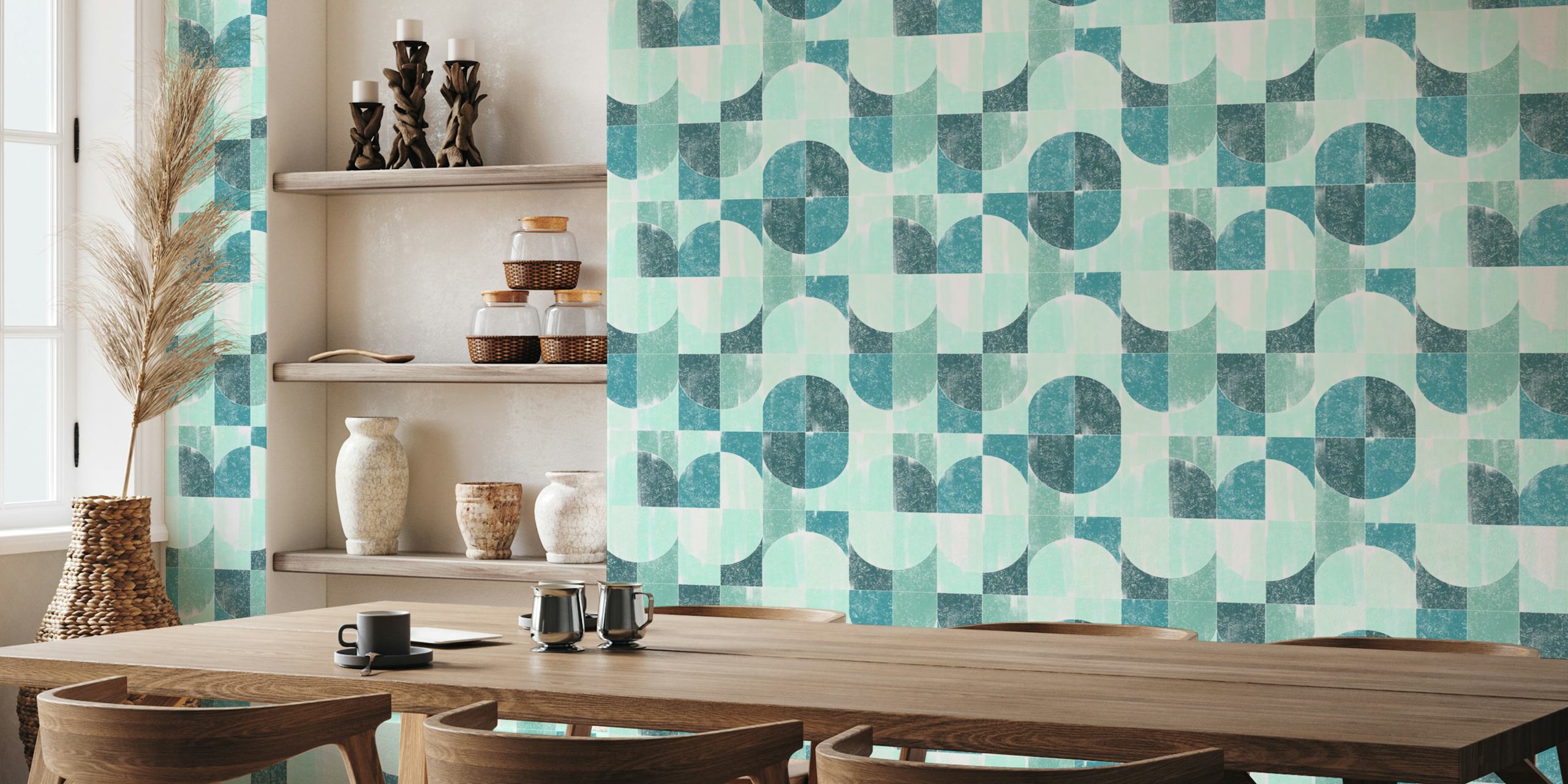 Geometric blue and teal patterns in a sponge painting style wallpaper