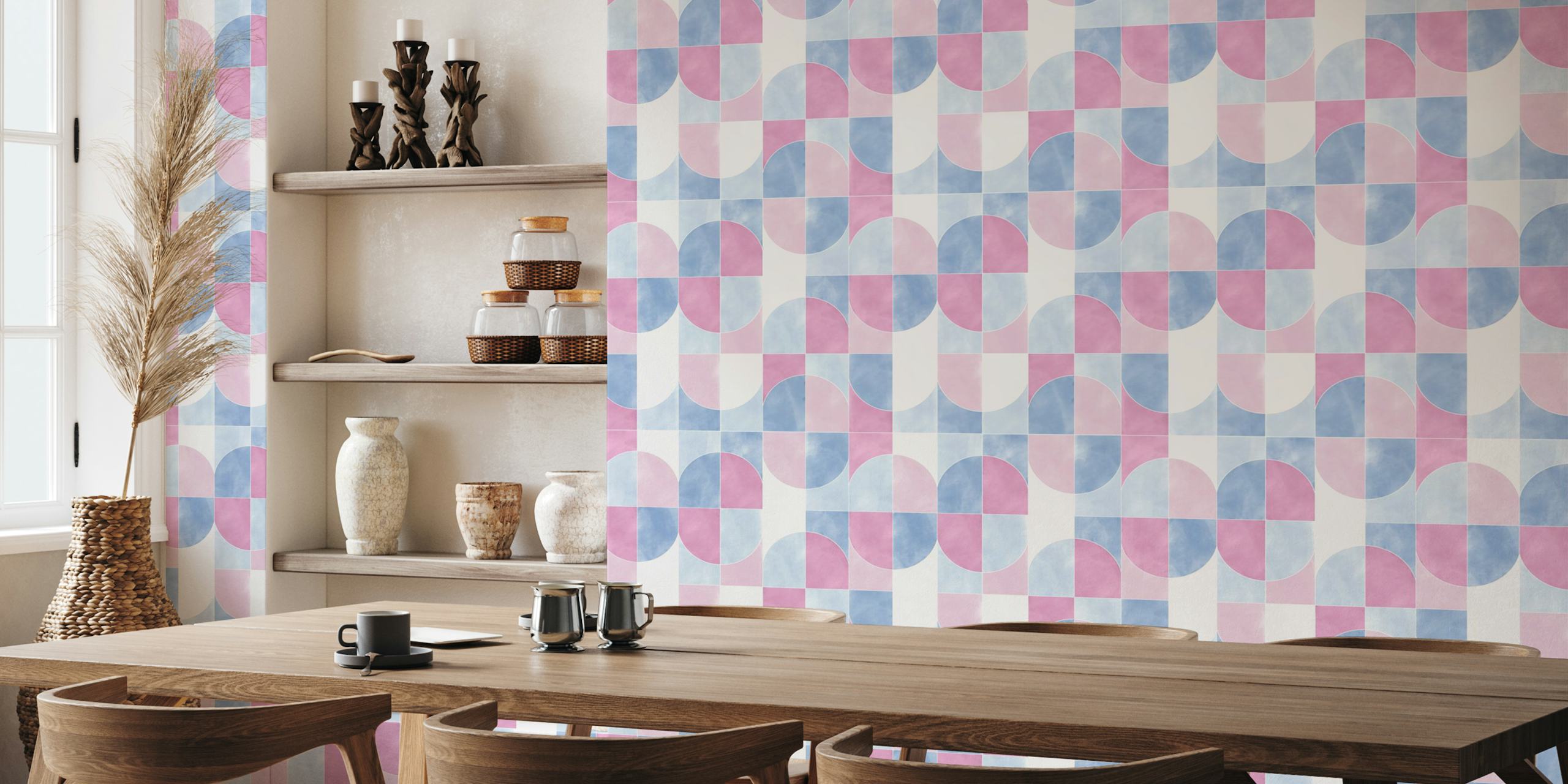 Soft pastel pink and blue geometric shapes wallpaper