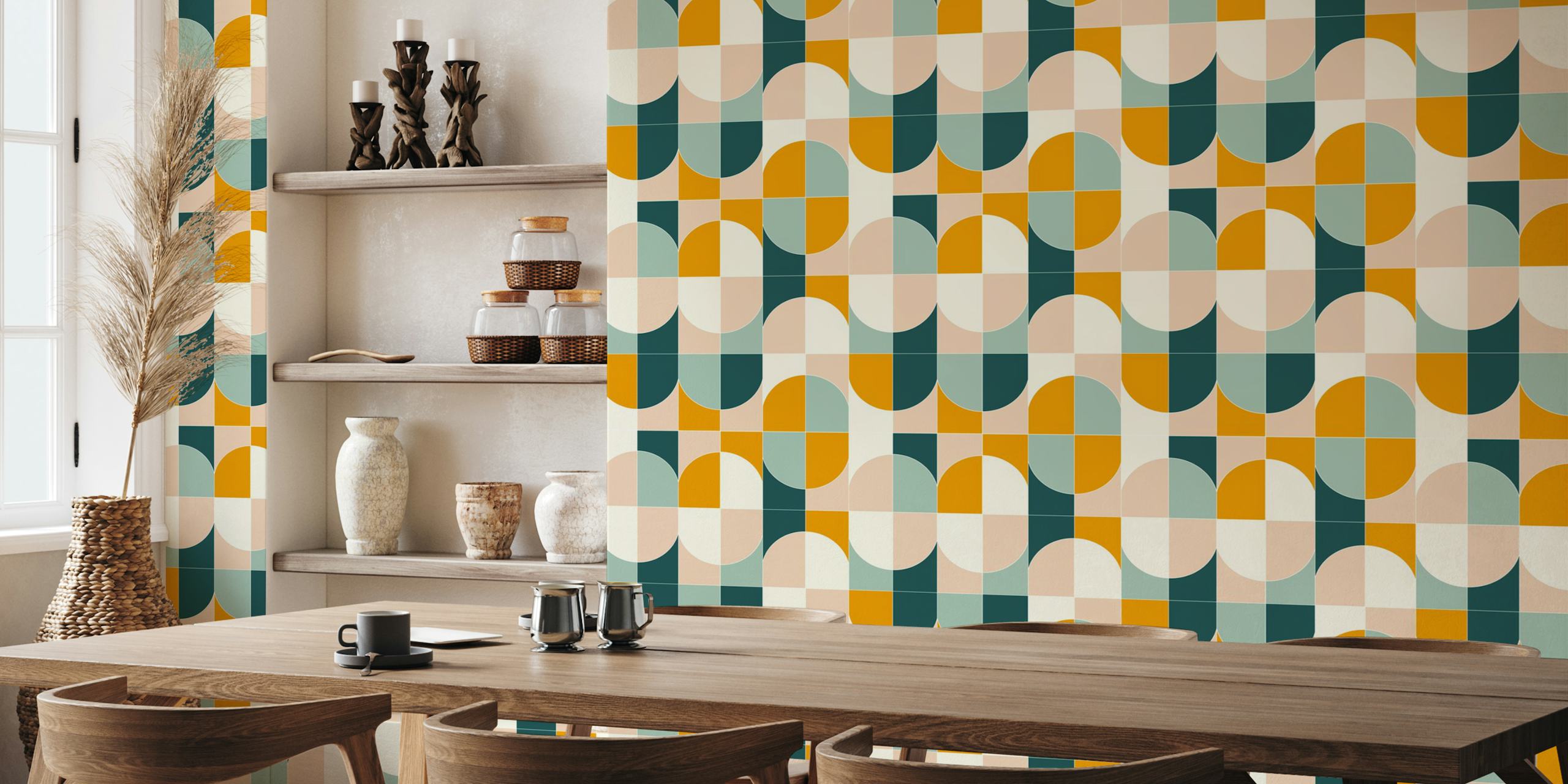 Design de papel de parede Bold Geo Tiles em um quarto