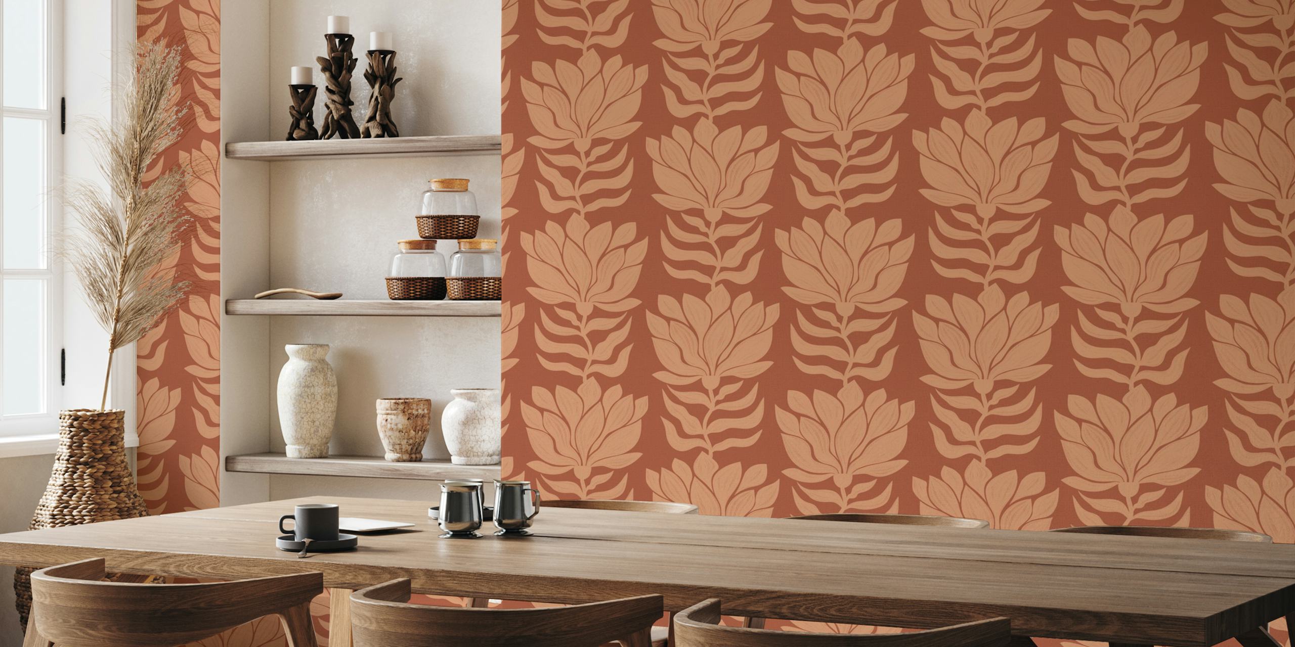 Wavy Boho Abstract Modern Flowers Terracotta tapeta