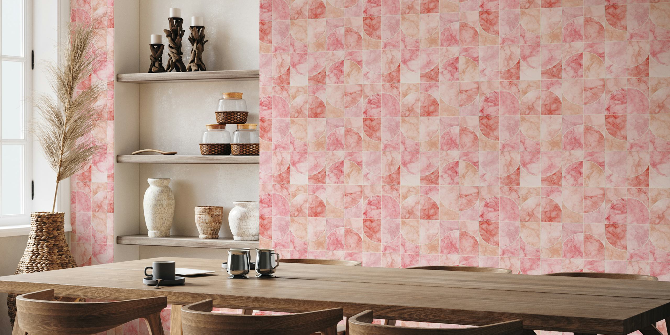 Marbled Geo Tiles Reddish tapet i ett rum