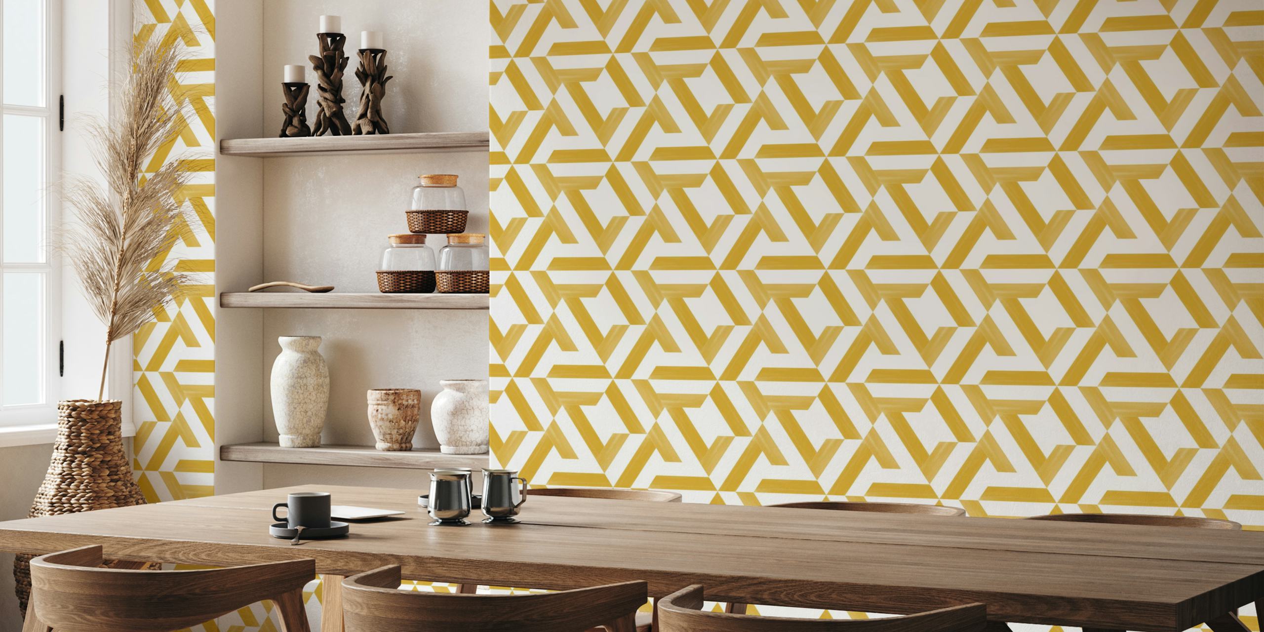 Geometric yellow tile pattern wallpaper with white shapes