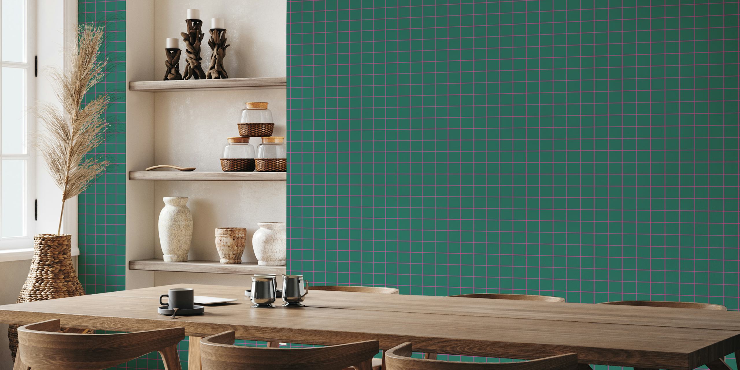 Green pink geometric grid wallpaper