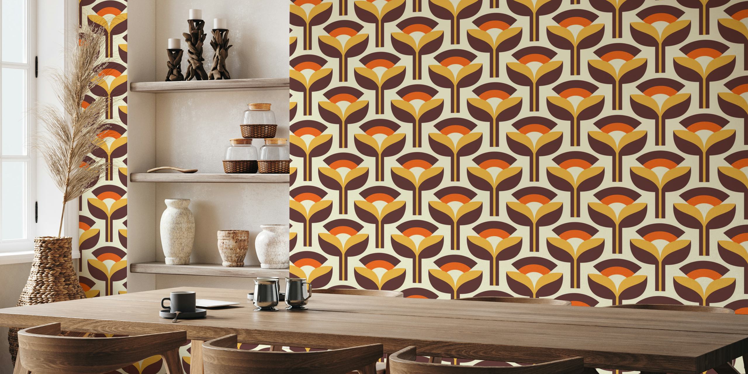 Geometric floral pattern in orange, brown, and yellow colors on cream background wallpaper