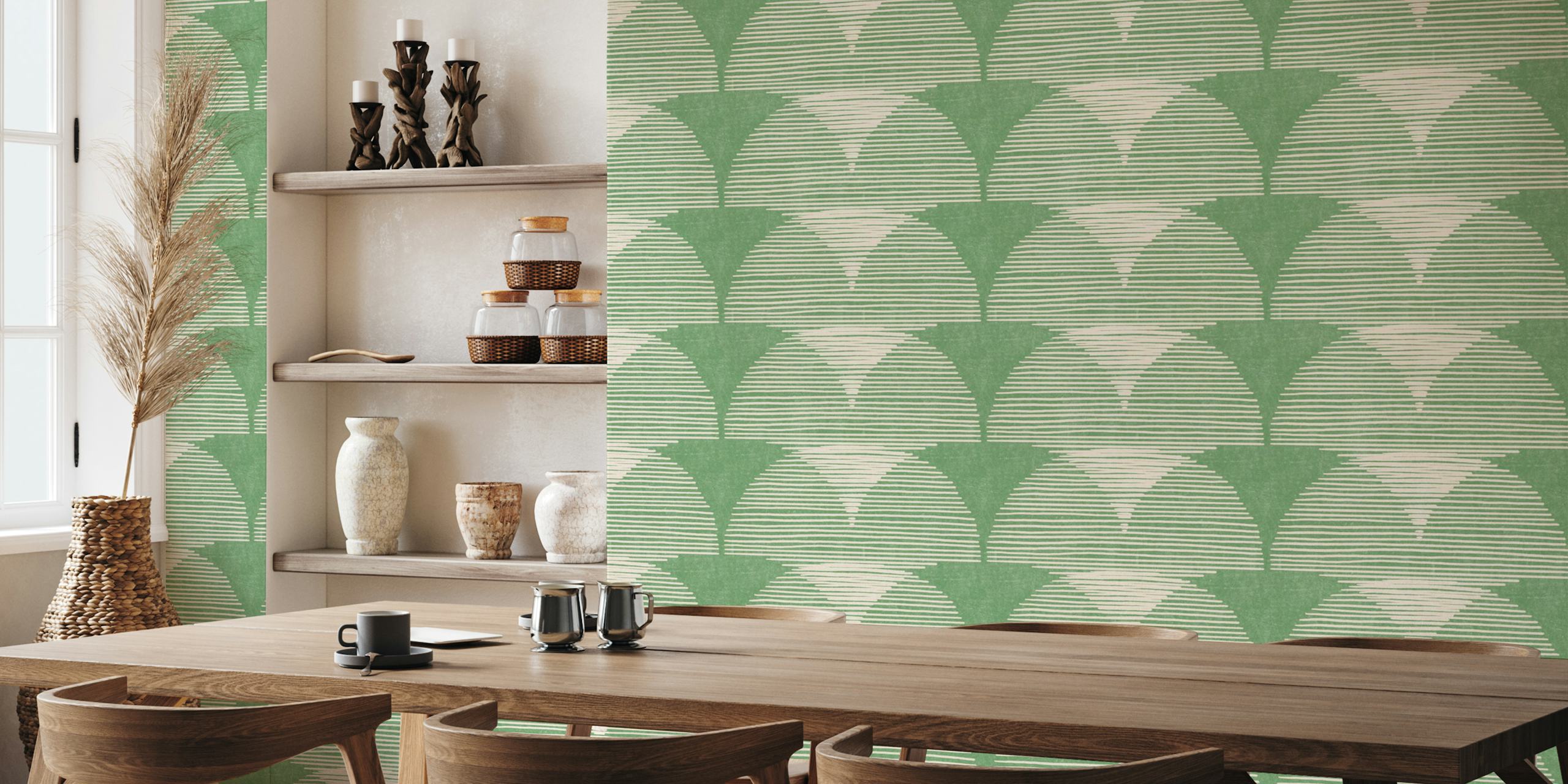 Green geometric stripe wallpaper with layered patterns