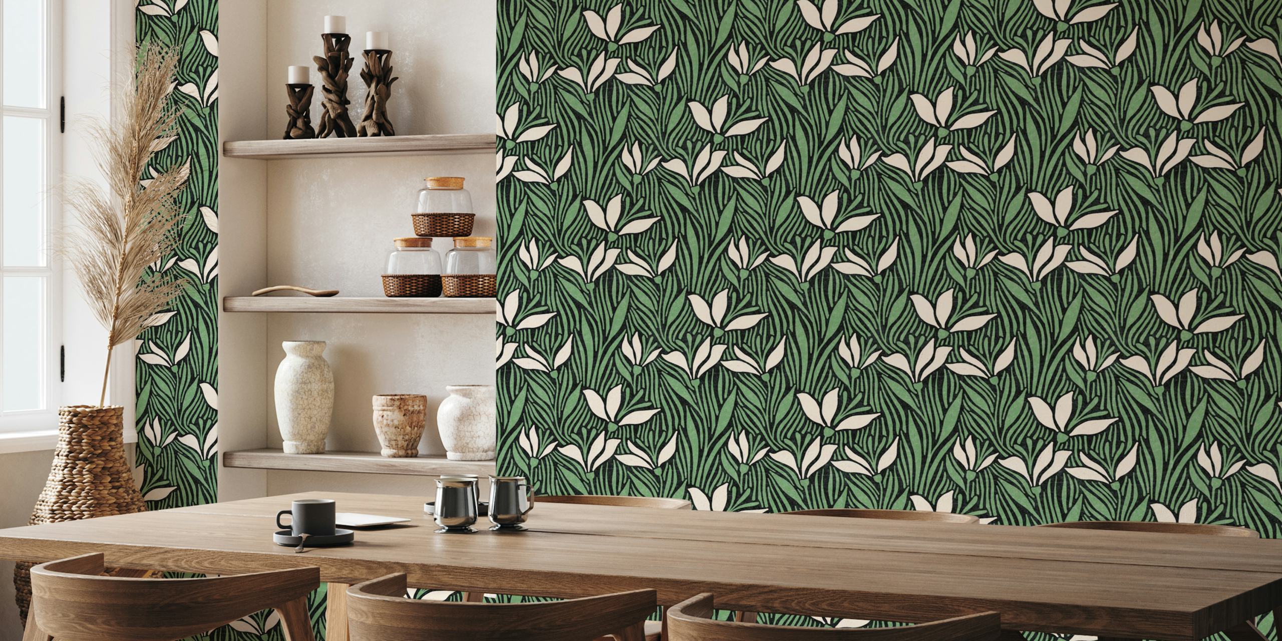 Gaia dark green floral wallpaper in a room