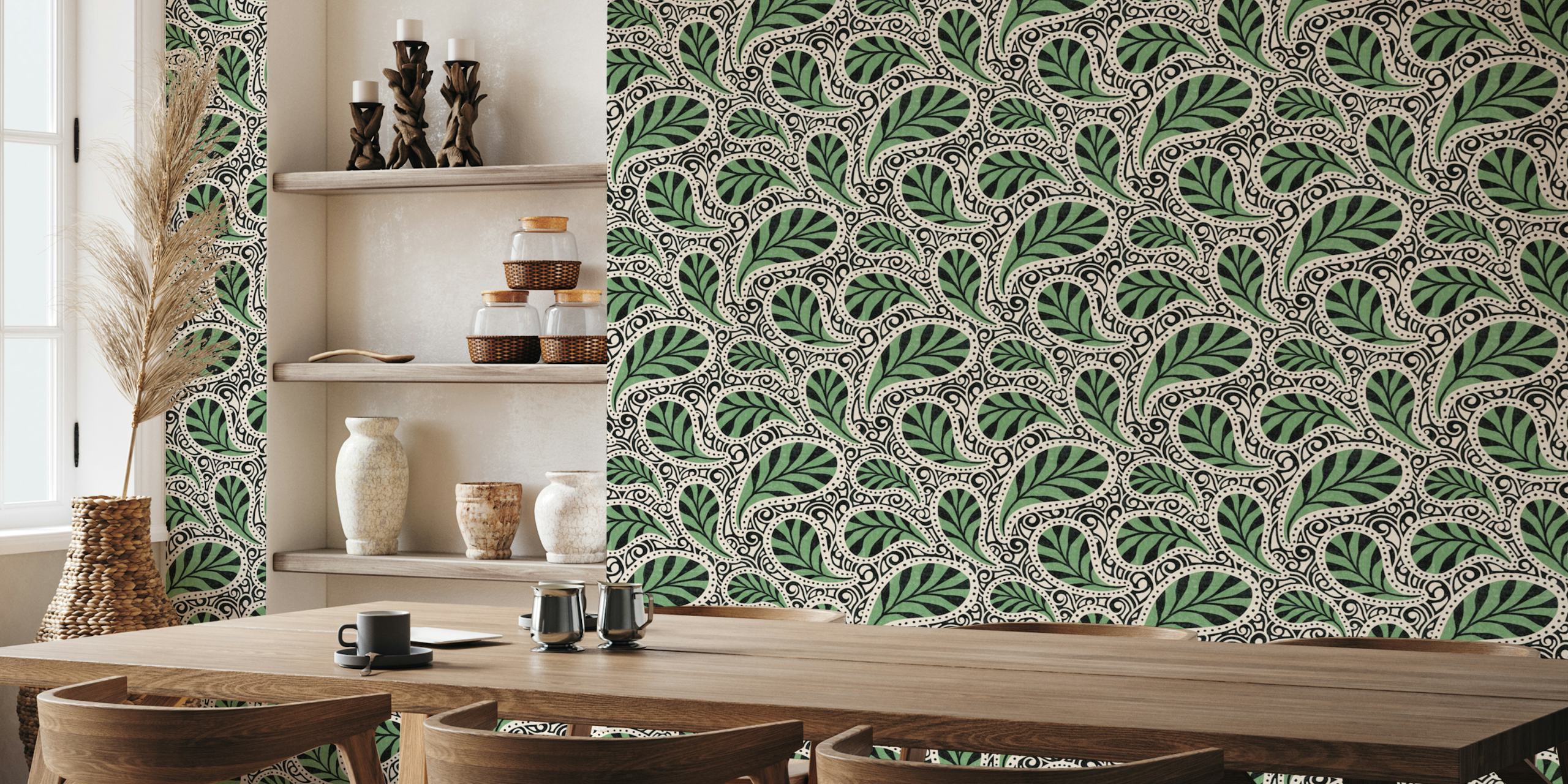 Leaf pattern in green and white, floral wallpaper