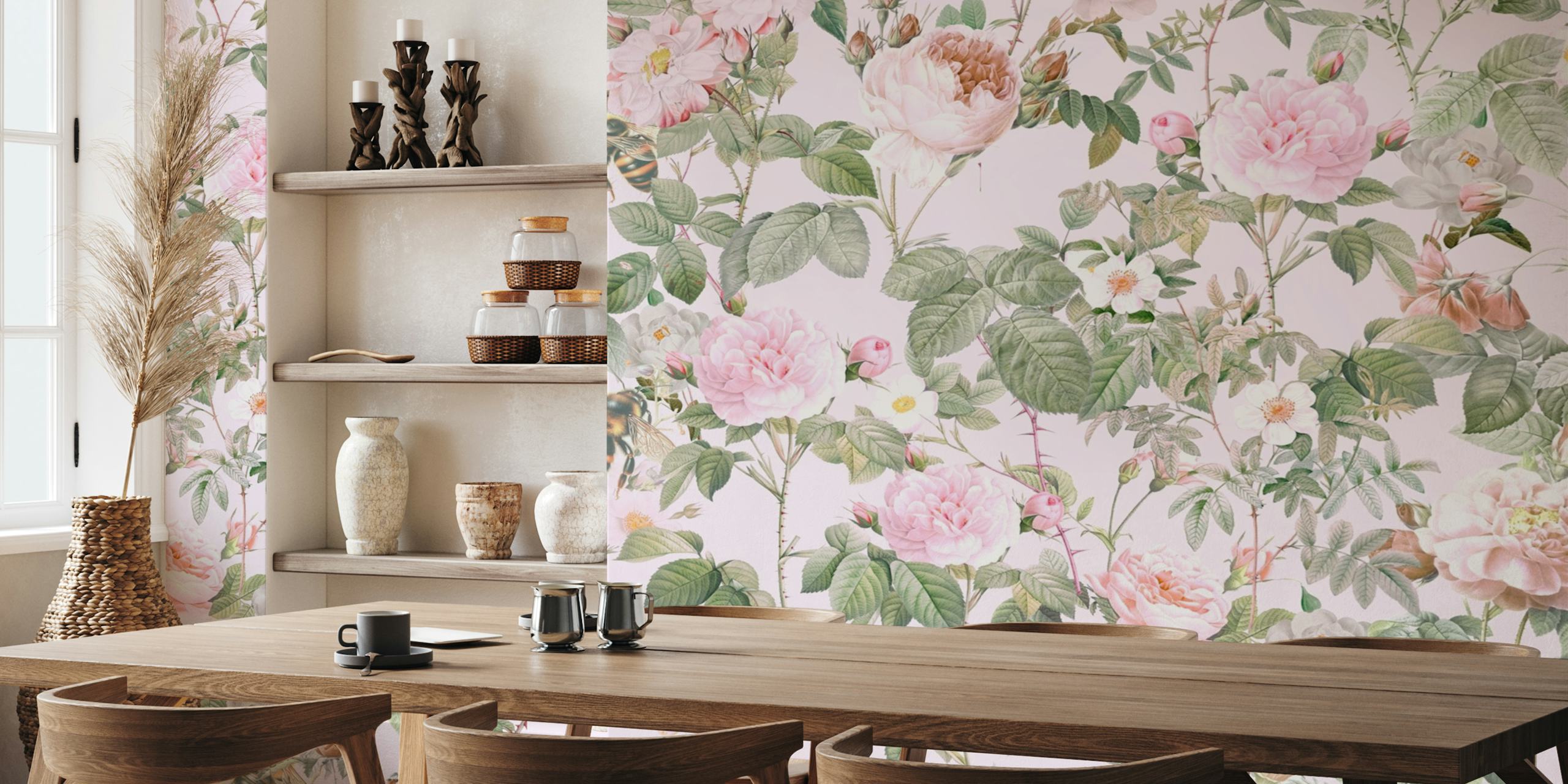 Delicate floral wallpaper in a beautifully designed room