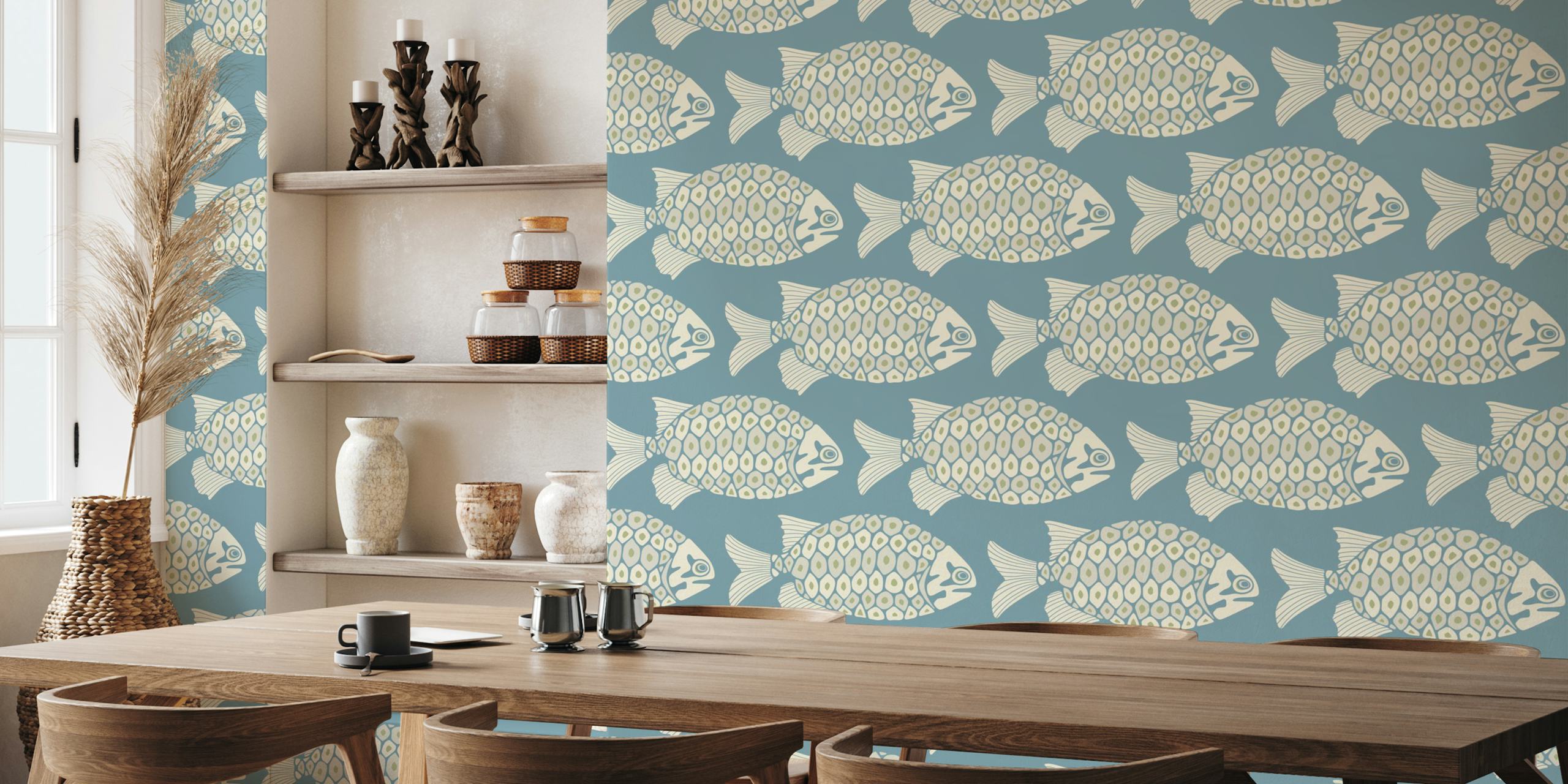 Tropical beach blue wallpaper featuring fish design