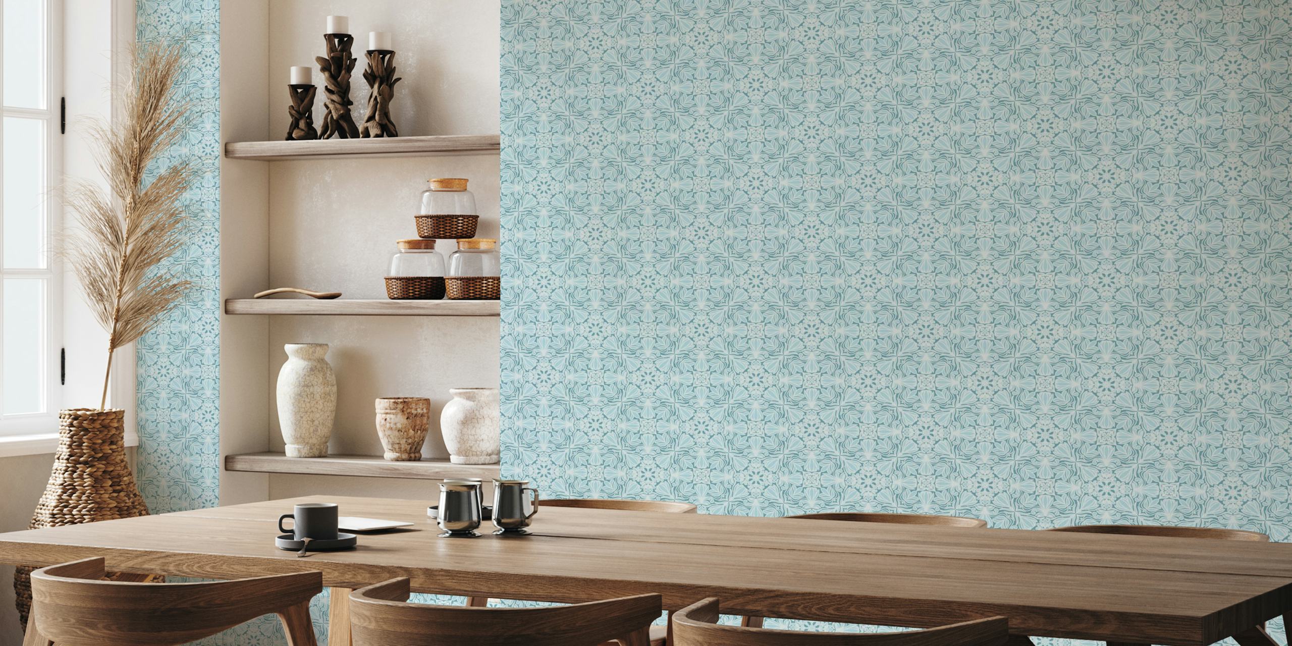 Floral tile in blue glow papel de parede em um quarto