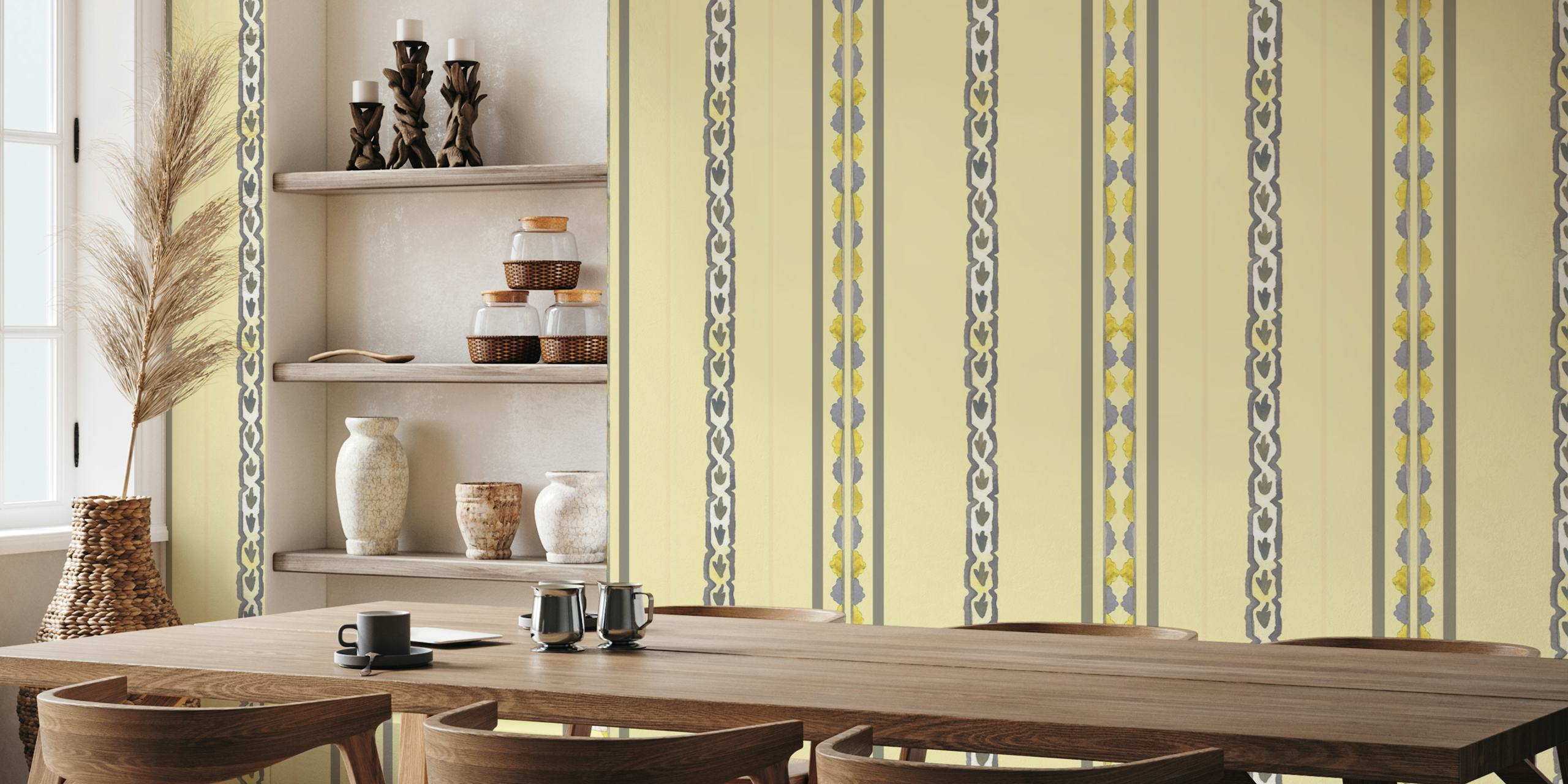Yellow and gray striped floral pattern wallpaper