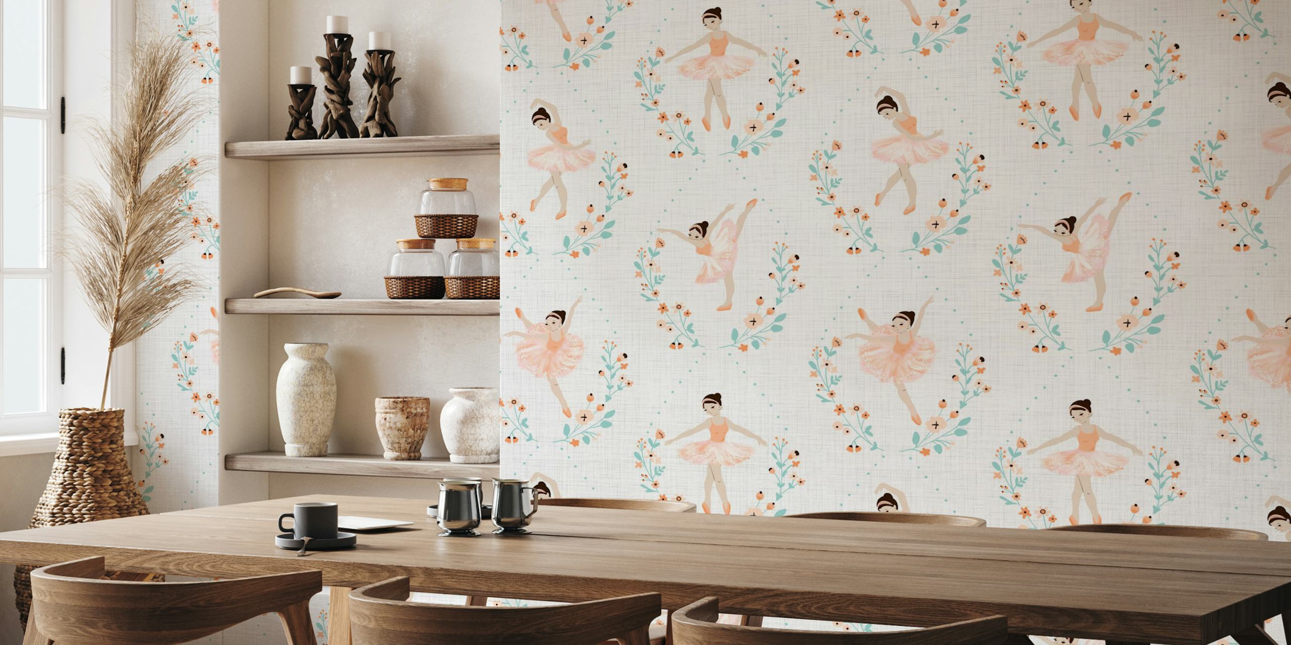 Roze ballerina's met bloemen op een zachte achtergrond, bloemen en takken decoratief wallpaper