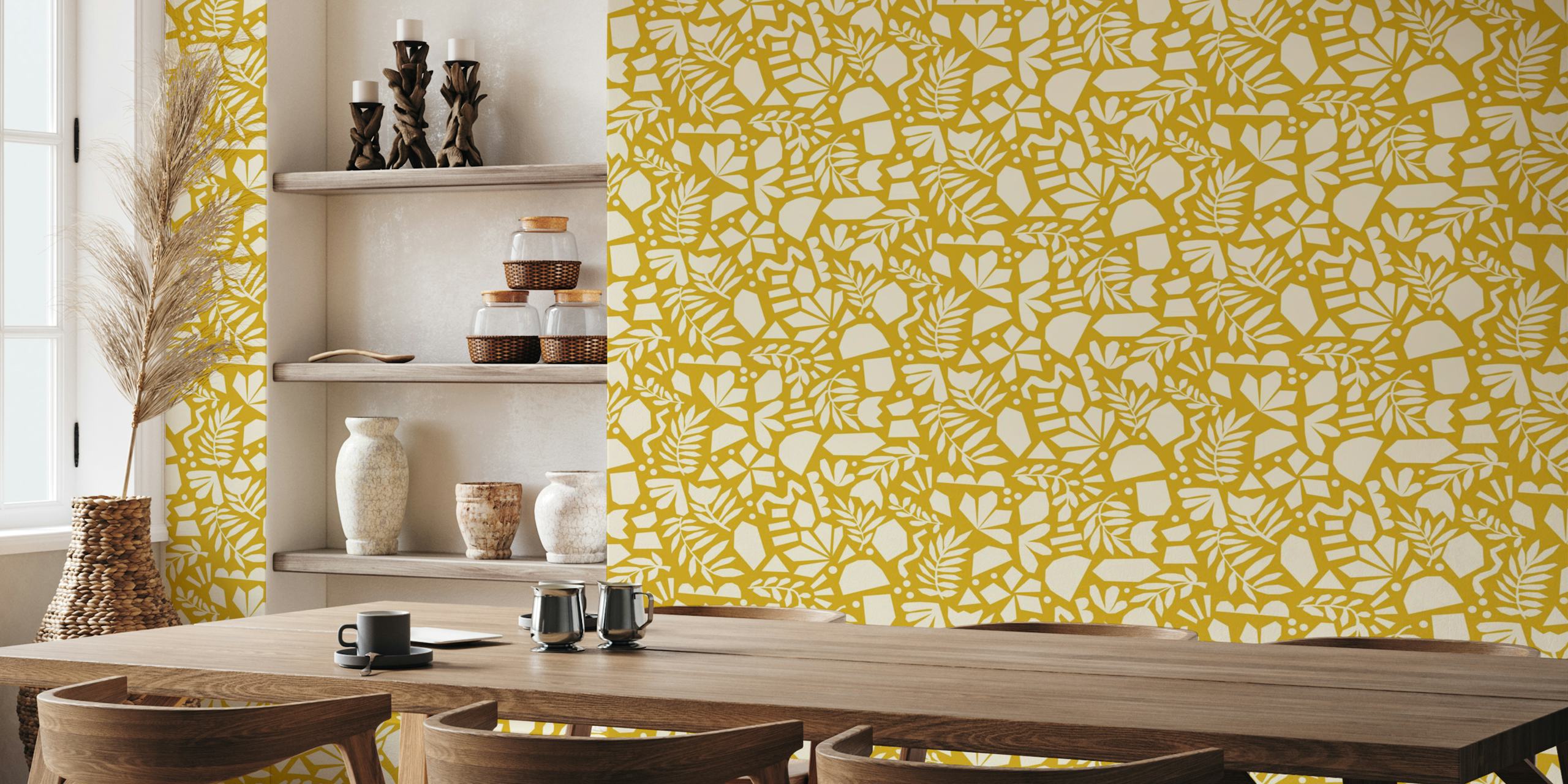 Ochre yellow floral abstract wallpaper with white botanical shapes