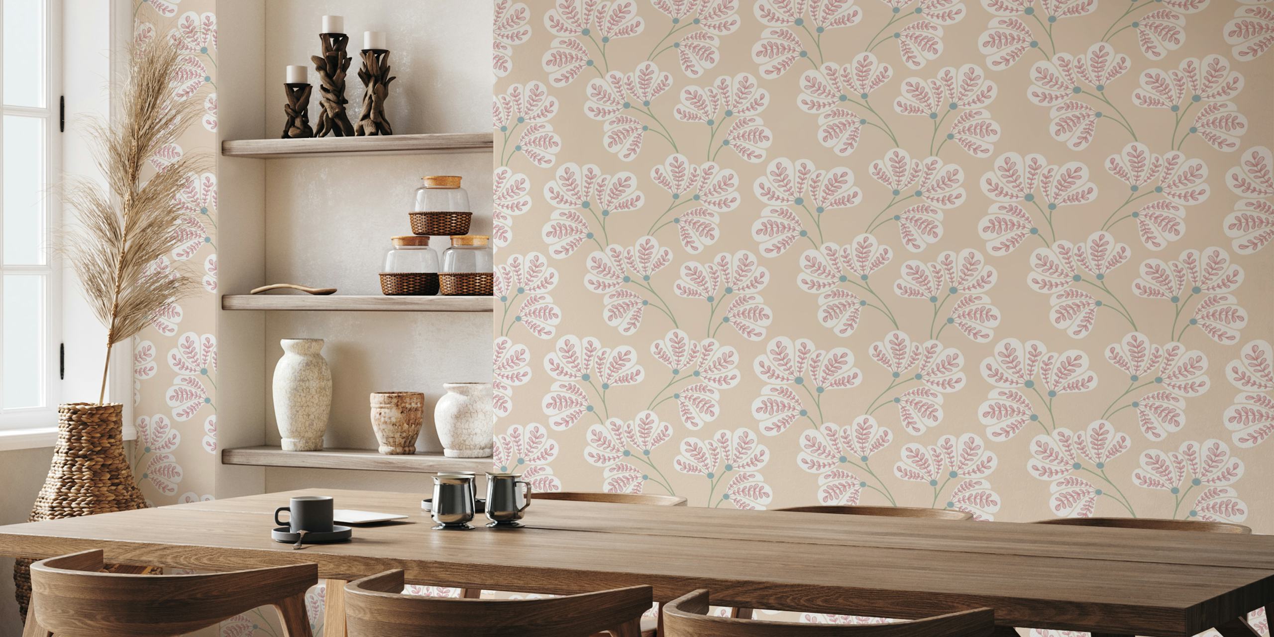 Olivia Folk Art Leaves wallpaper in een kamer