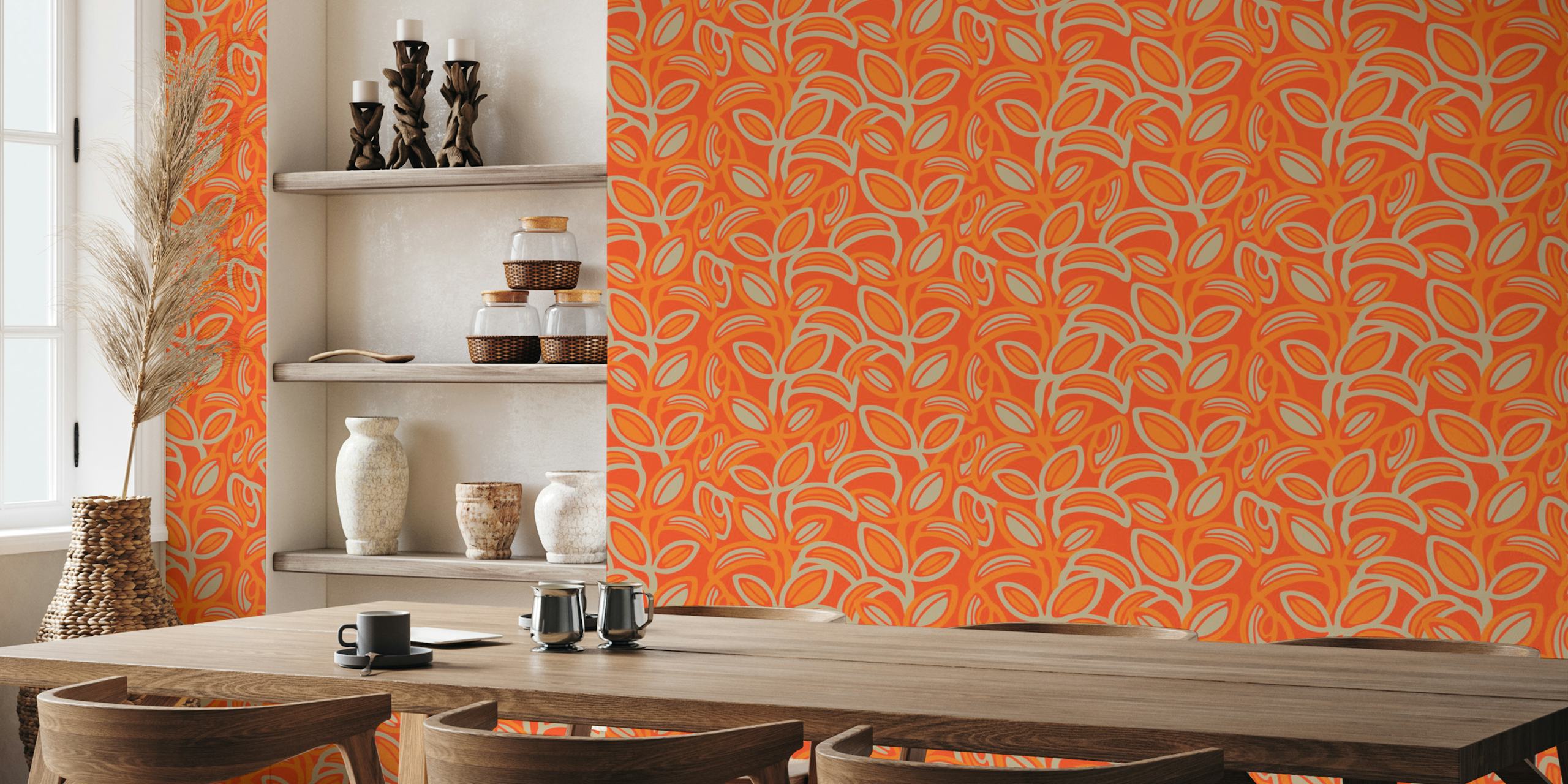 Colorful retro leaves pattern in orange and beige wallpaper