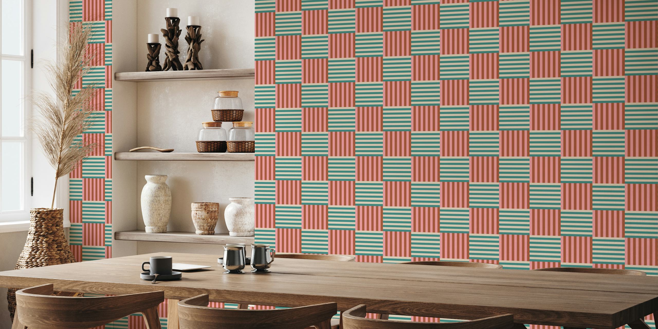 Retro teal and pink striped wallpaper in room