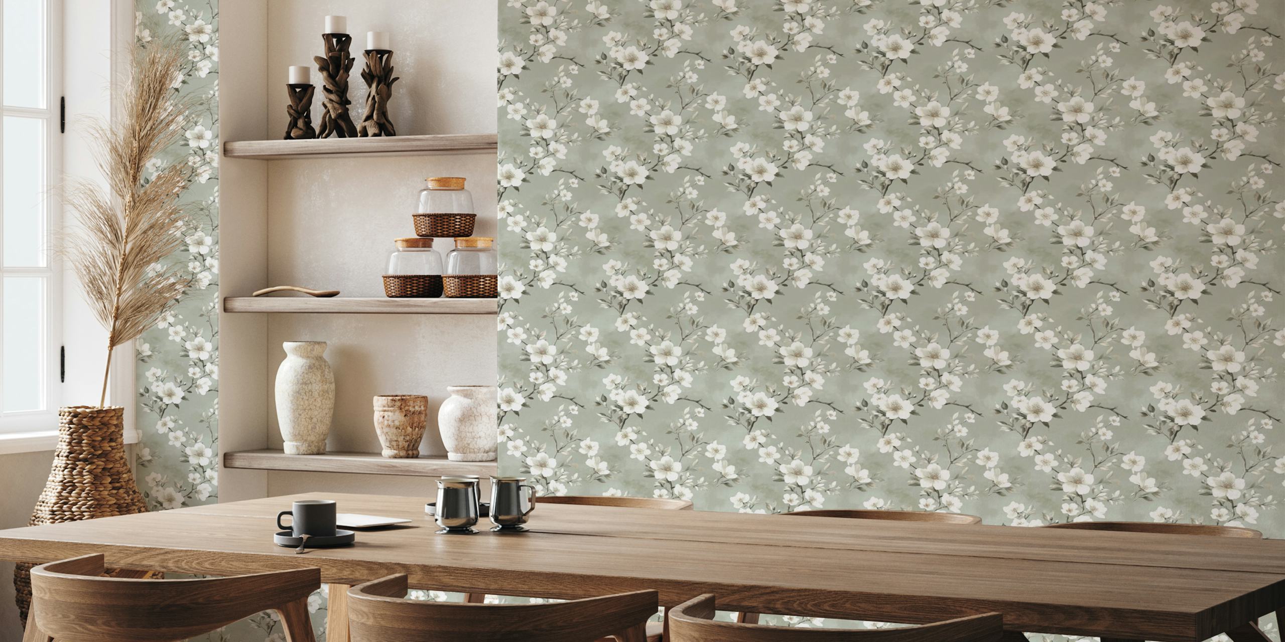 White floral pattern with green leaves wallpaper