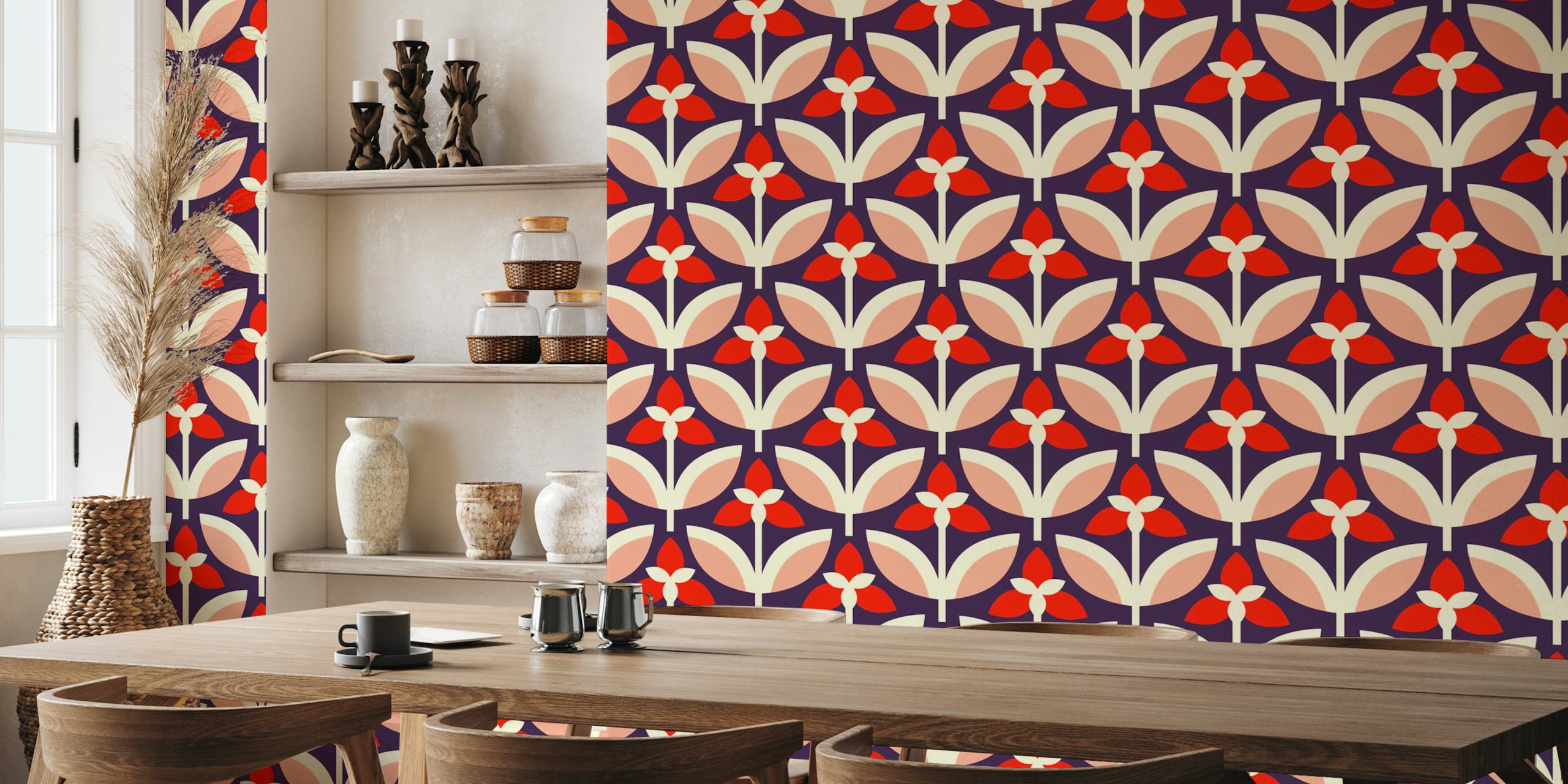 Navy and coral floral wallpaper design