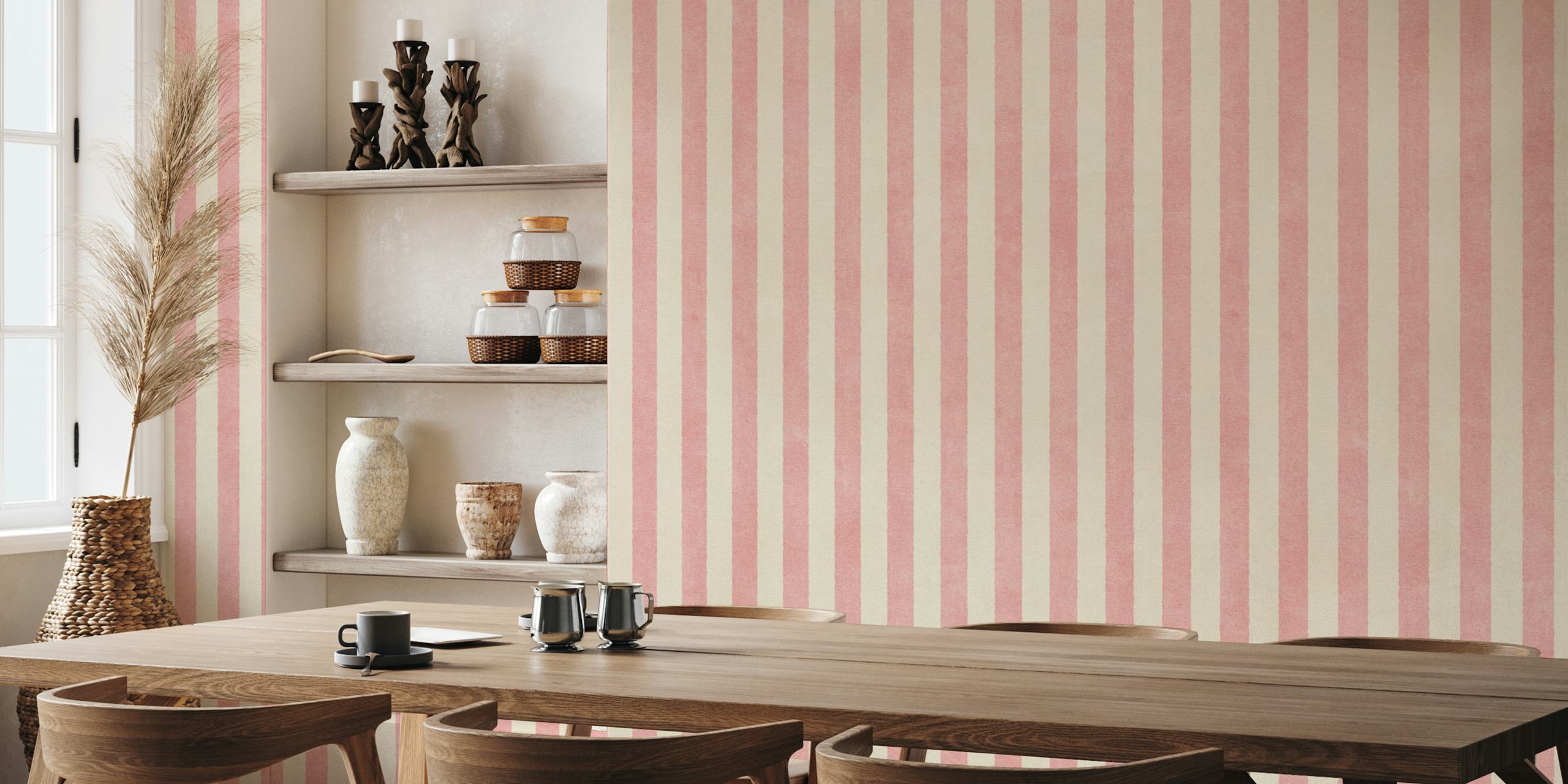 Pink and cream striped wallpaper in a soft watercolor style