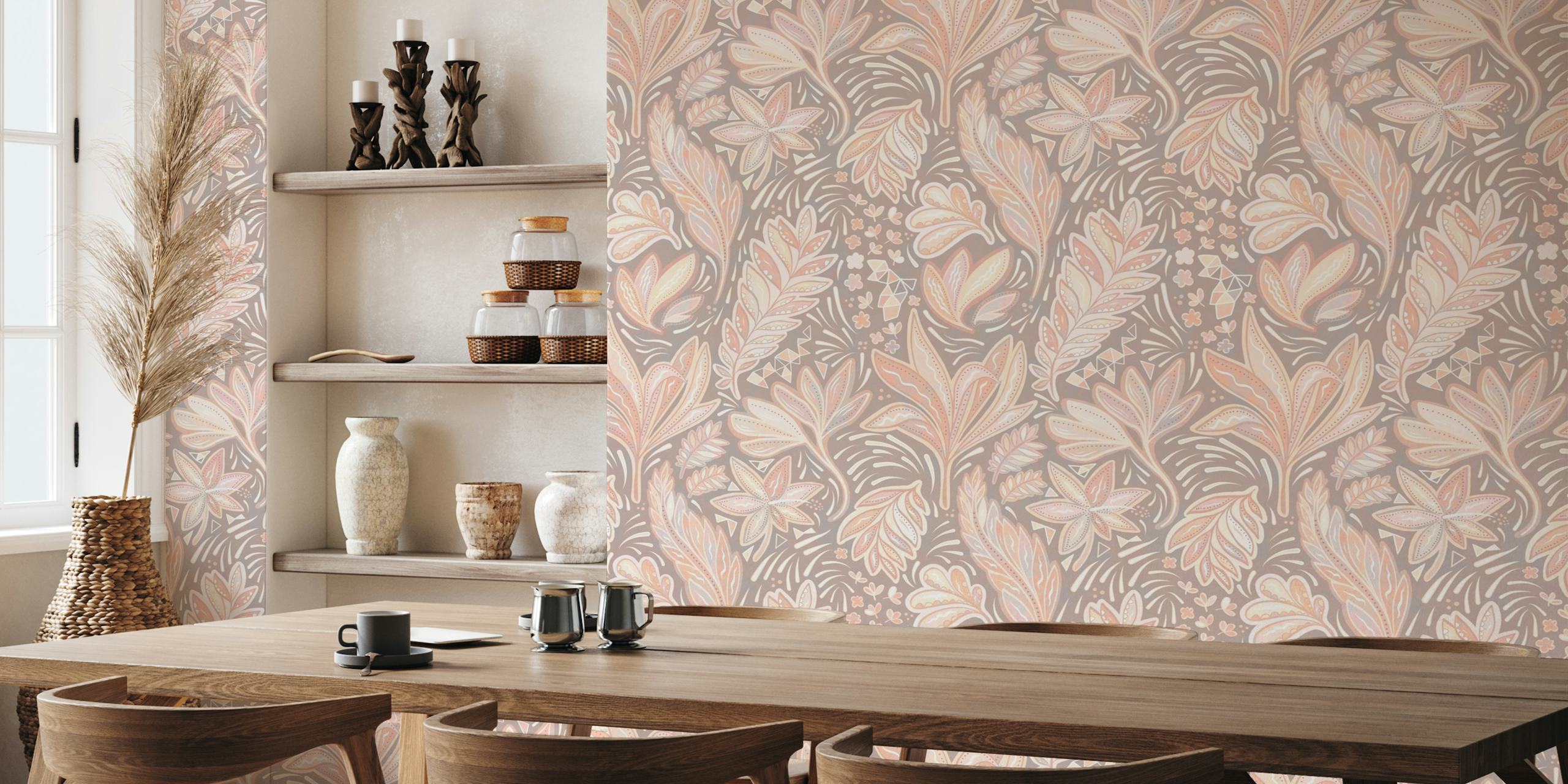 Pastel floral patterns in soft colors on beige background wallpaper