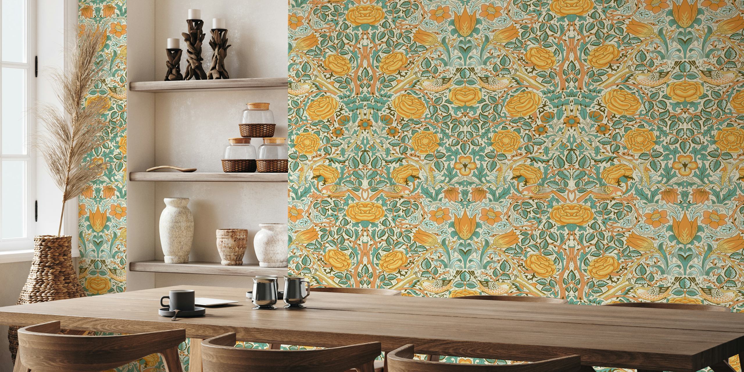 Victorian rose and floral design in gold and blue wallpaper