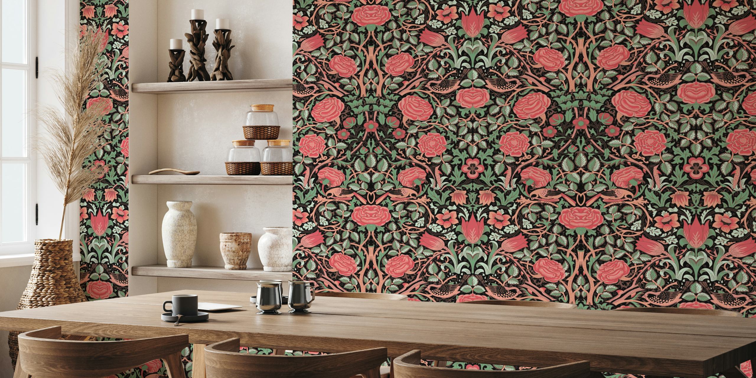 Victorian Rose 7 carta da parati floreale rossa e verde in una stanza