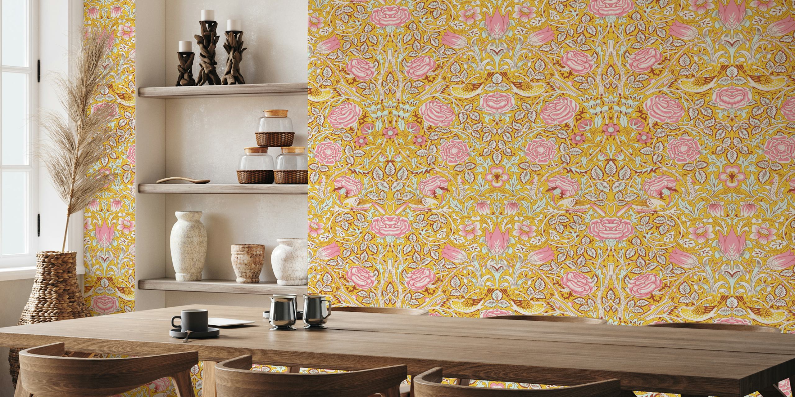 Floral pattern with pink roses and yellow background wallpaper