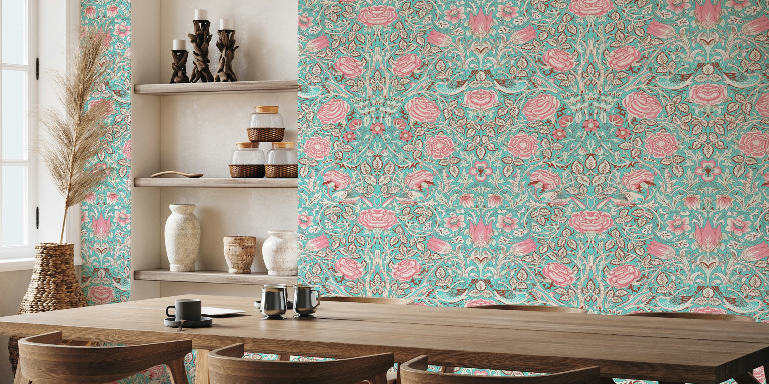 Floral wallpaper featuring pink roses and turquoise background, vintage style