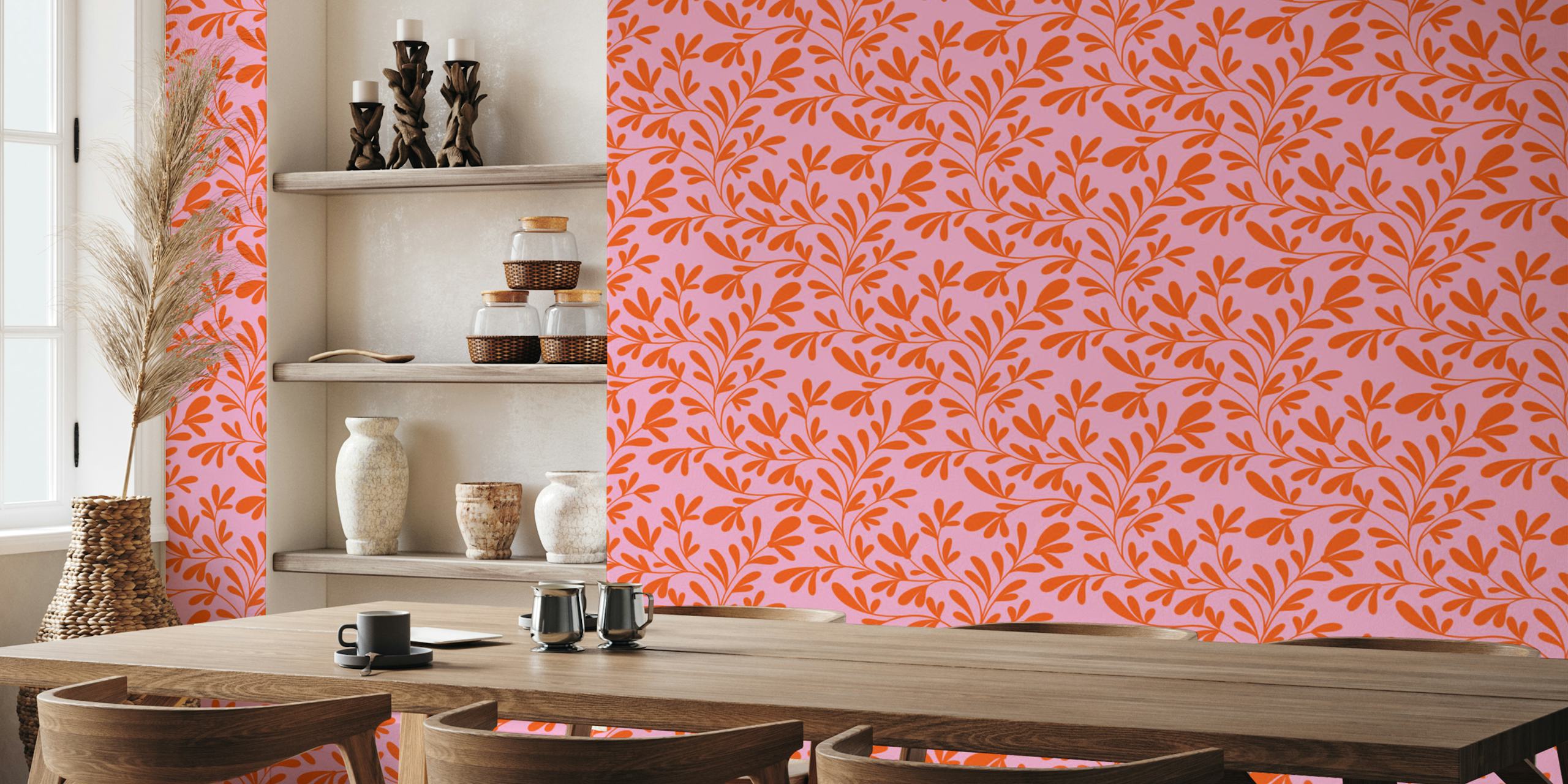 Coral Branch on Pink wallpaper in a room