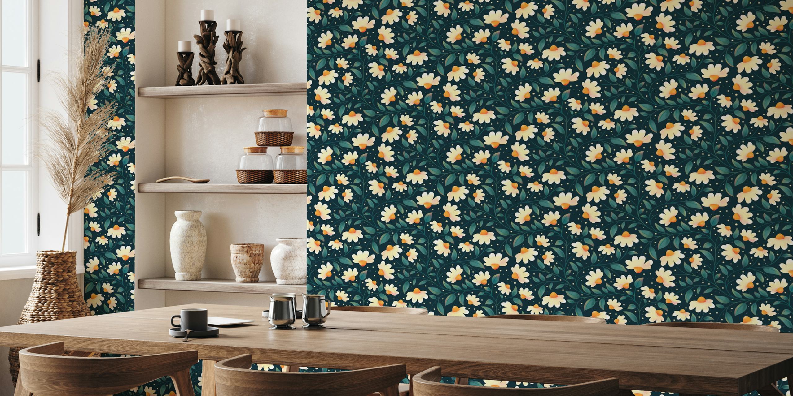 Papel tapiz floral Midnight Daisy Garden en una habitación