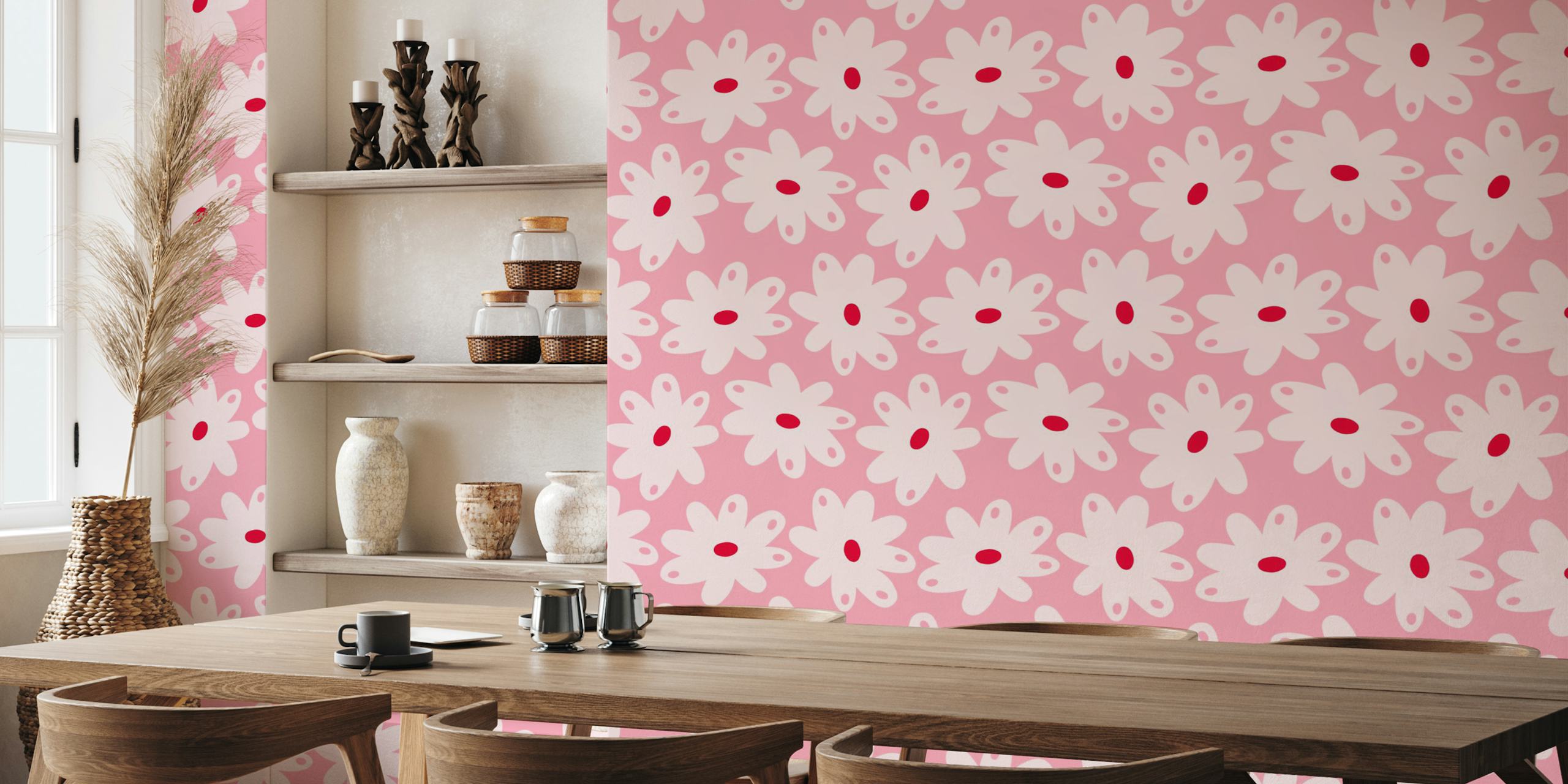 Happy Daisies pink and crimson red wallpaper