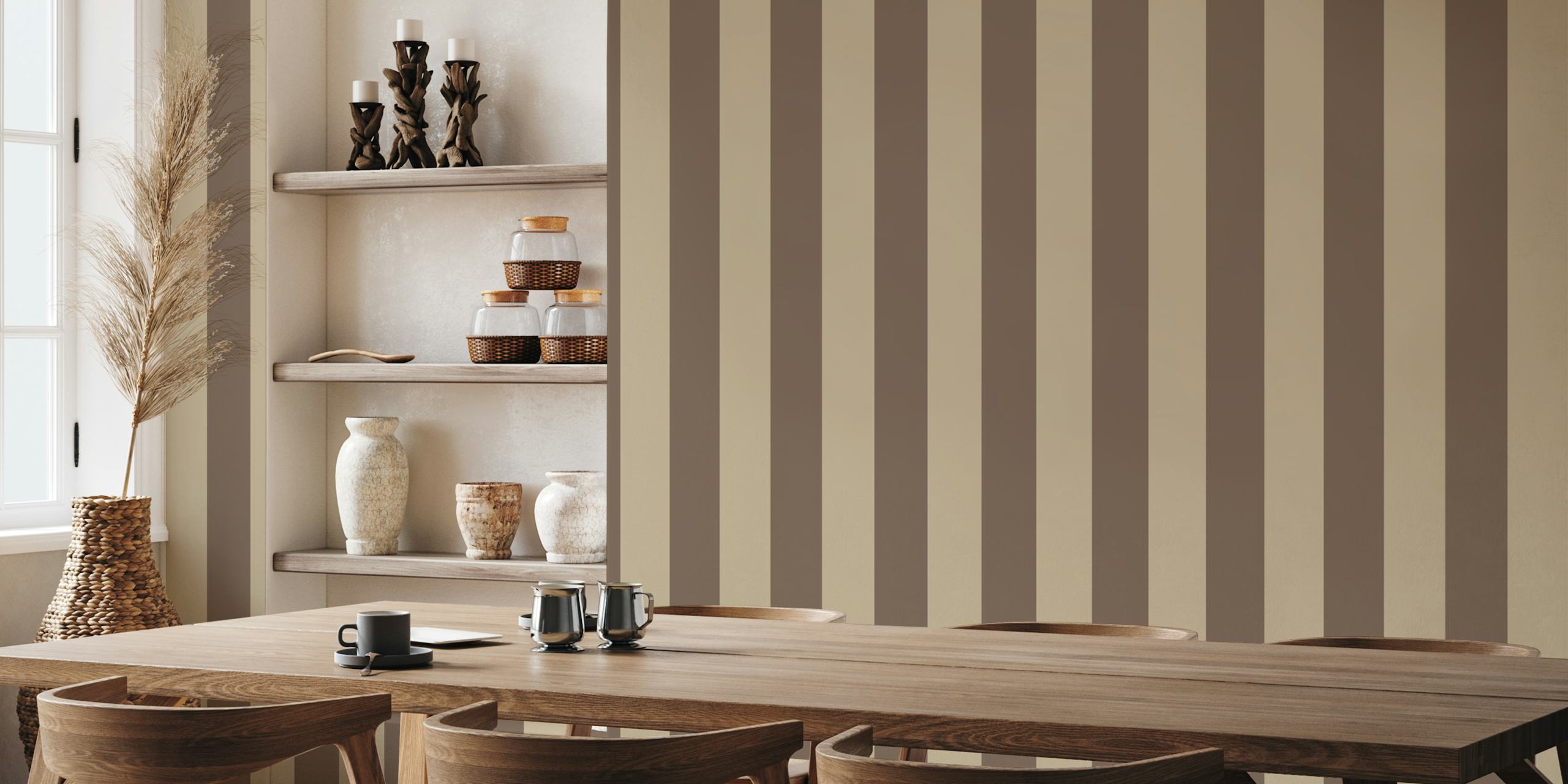 Brown and beige striped wallpaper design in Scandinavian style