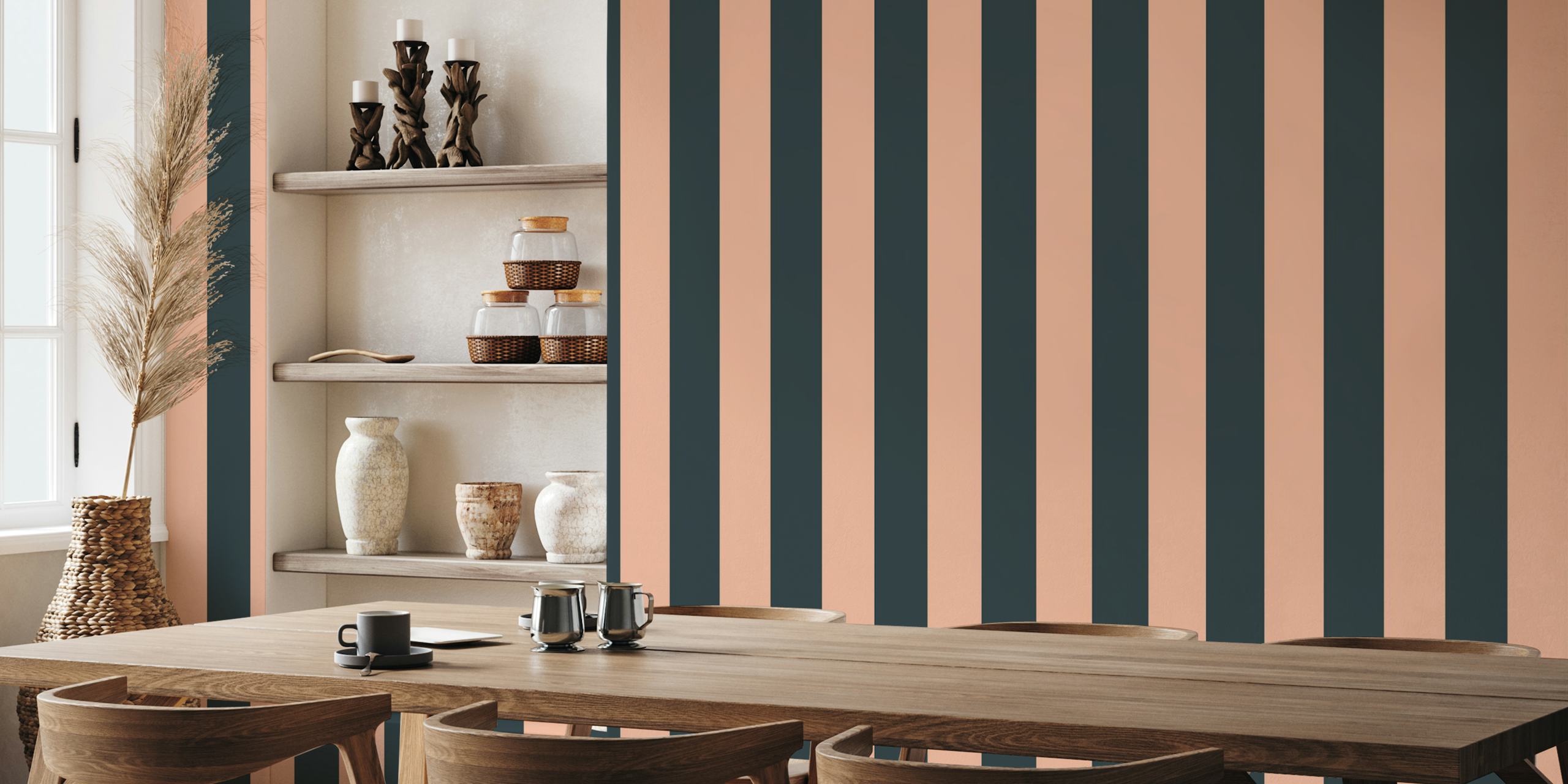 Teal and peach striped nursery wallpaper