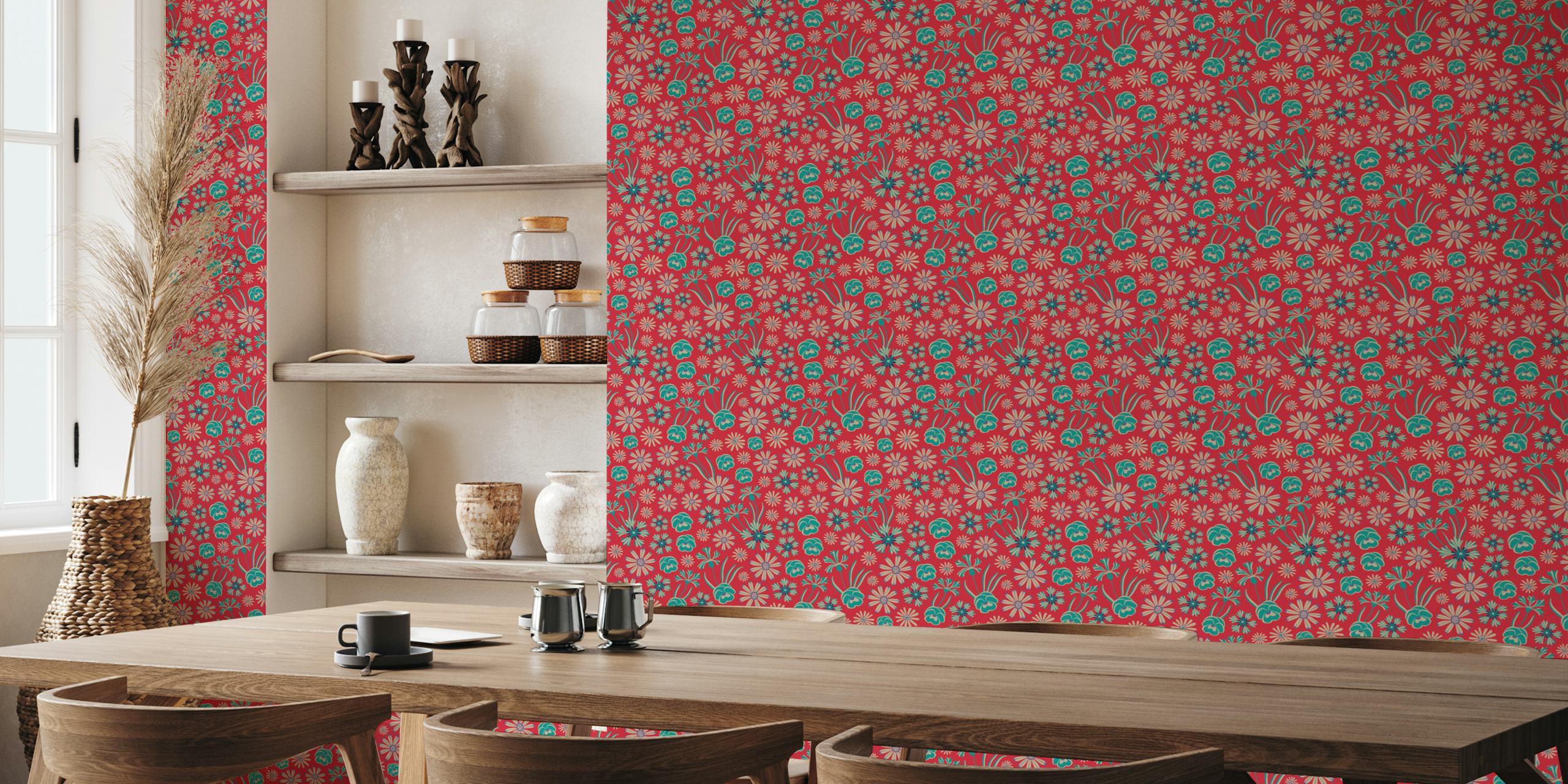 Floral bouquet pattern in turquoise and cream on deep red wallpaper