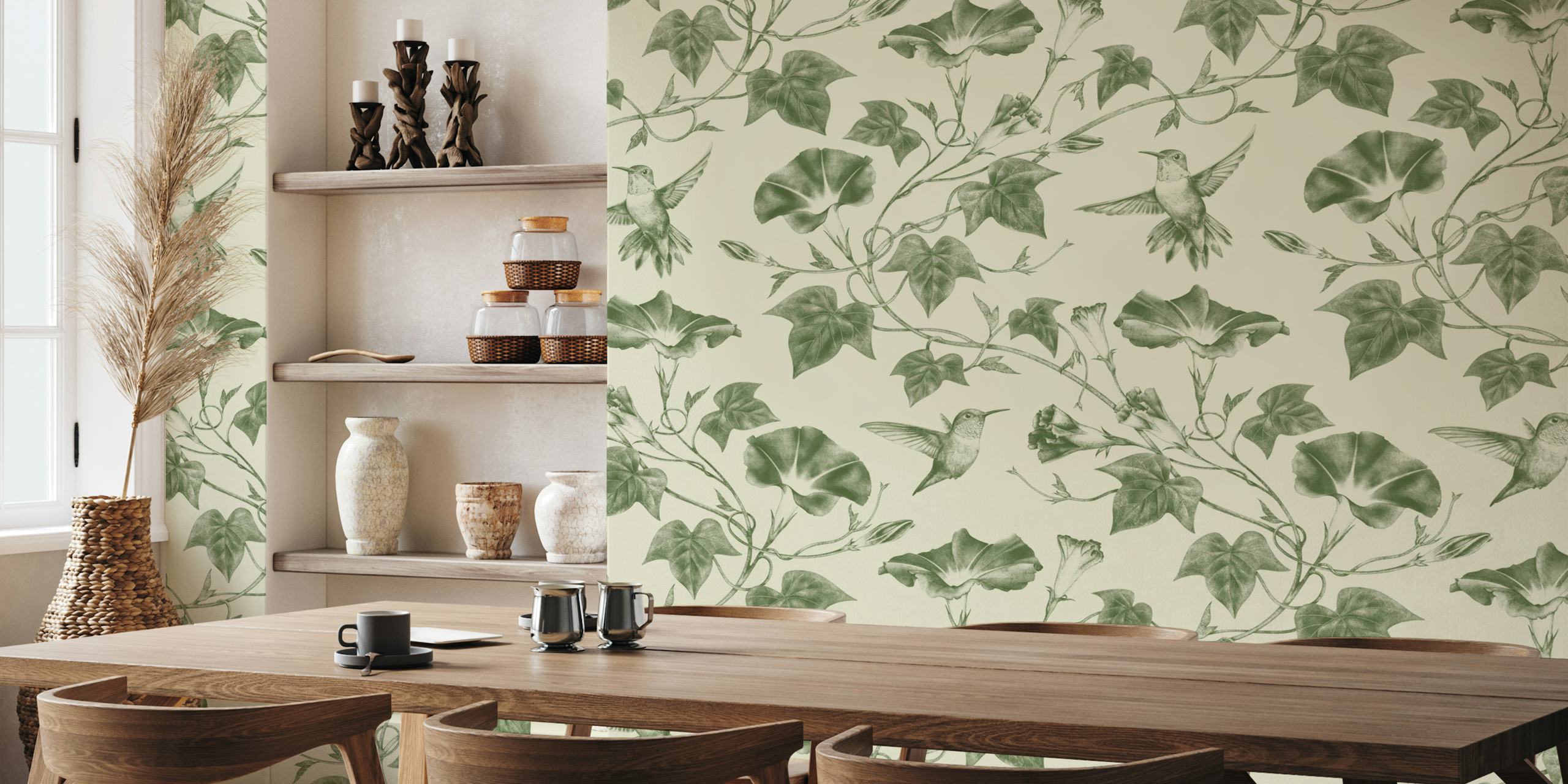 Ipomoea Toile in Olive Green wallpaper in a room