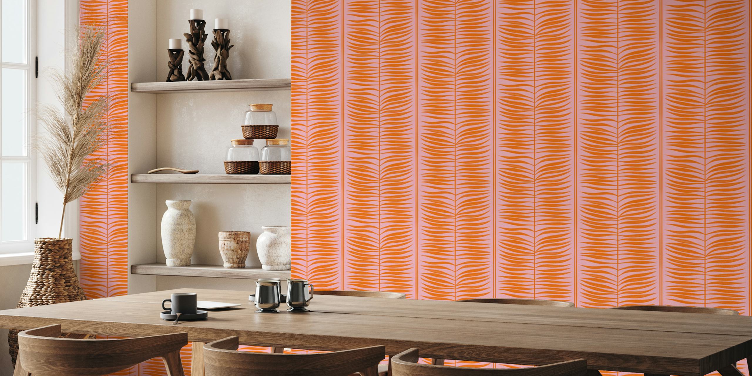 Palm leaf stripes in bright orange and pink colors wallpaper