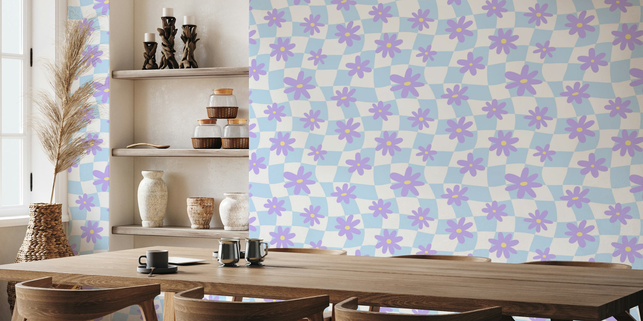 Floral purple daisies on a blue checkerboard background wallpaper