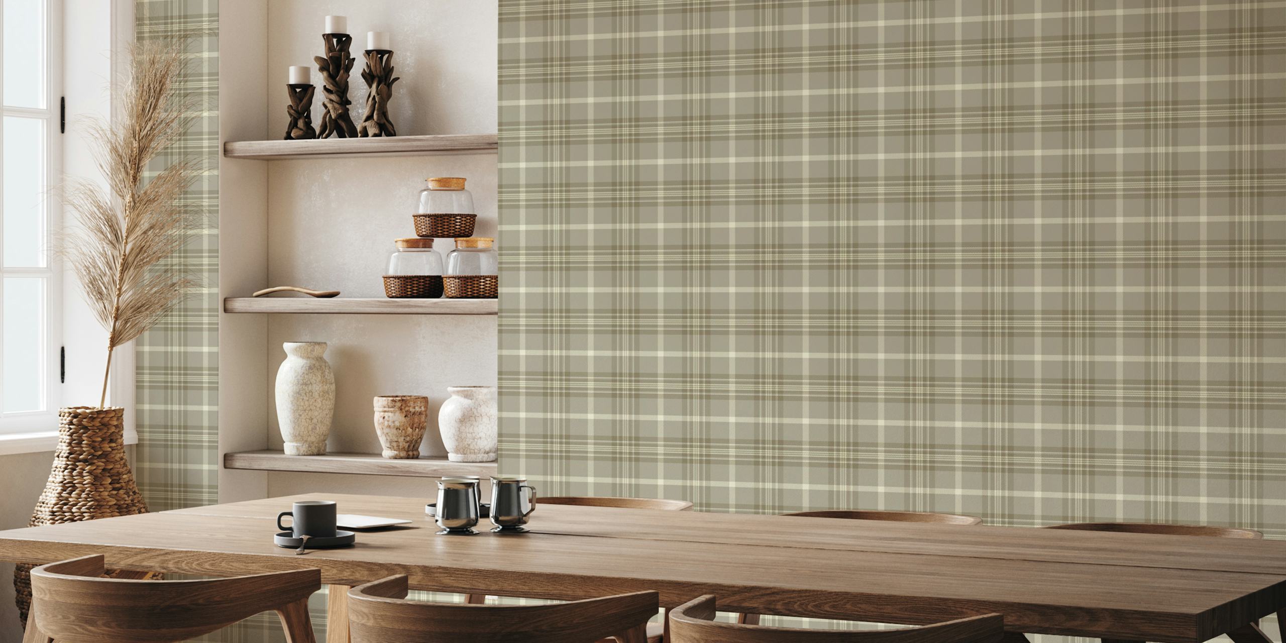 Taupe plaid pattern wallpaper with intersecting lines and neutral tones.