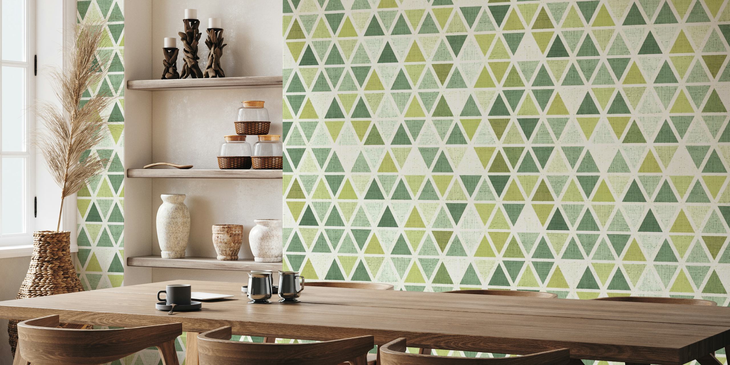 Geometric triangle pattern in green and cream colors wallpaper