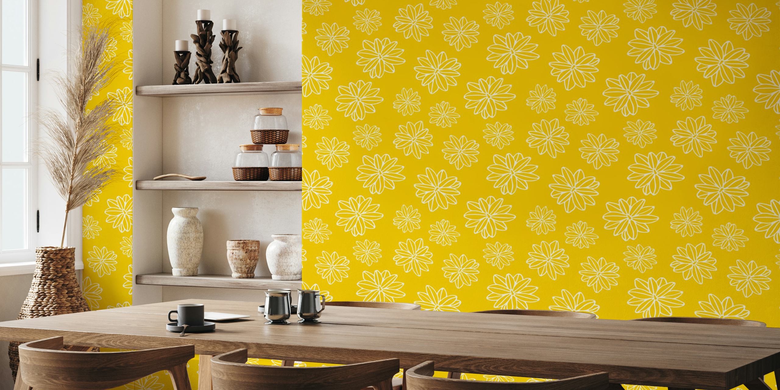 Yellow and white floral design wallpaper